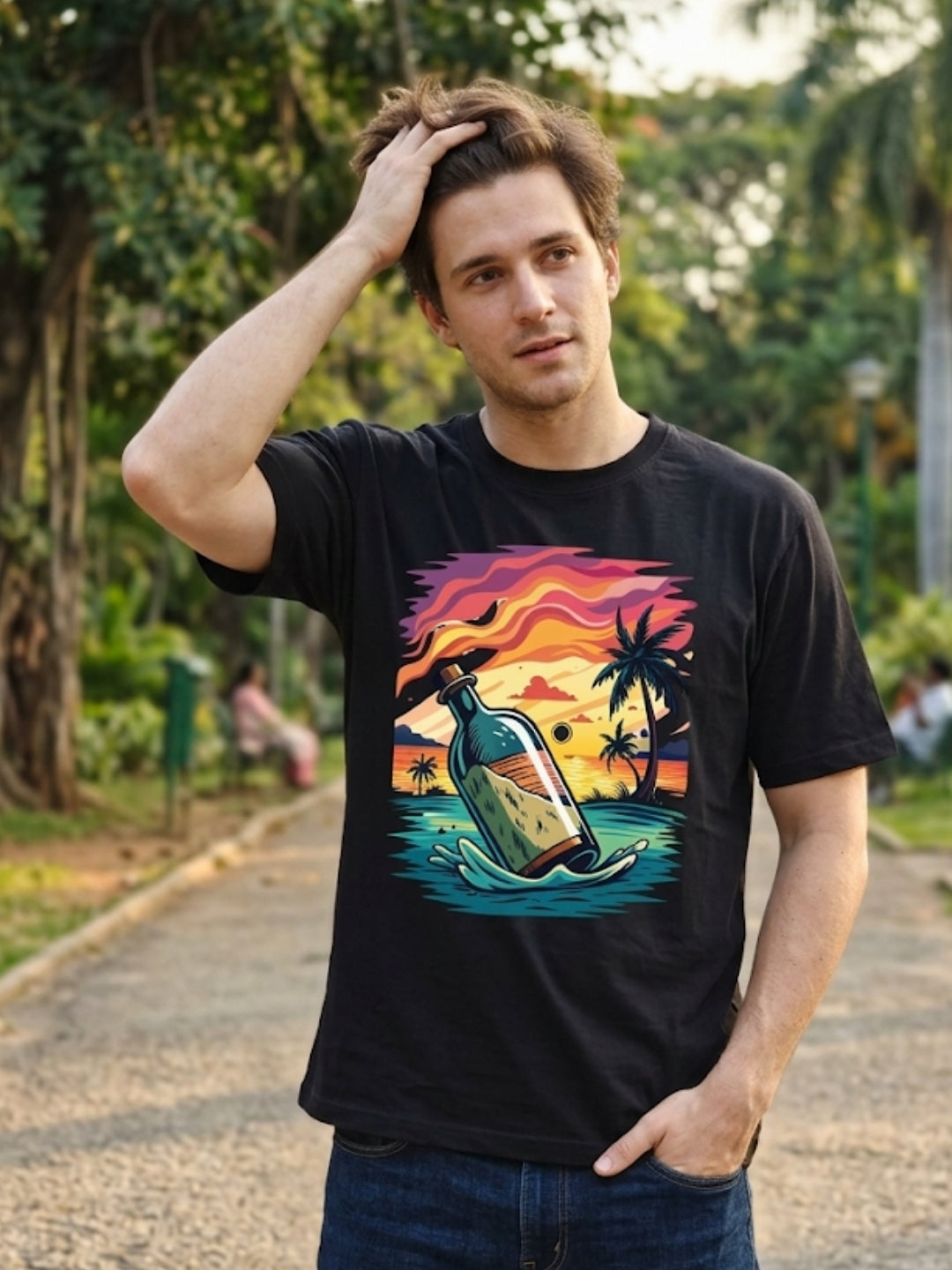 Message in a Bottle Tropical Sunset Oversized Tee – Men’s Black