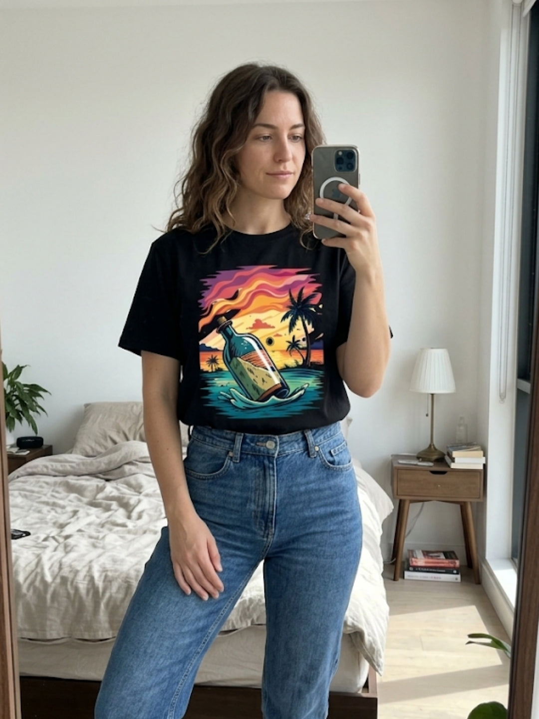Message in a Bottle Tropical Sunset Oversized Tee – Women’s Black