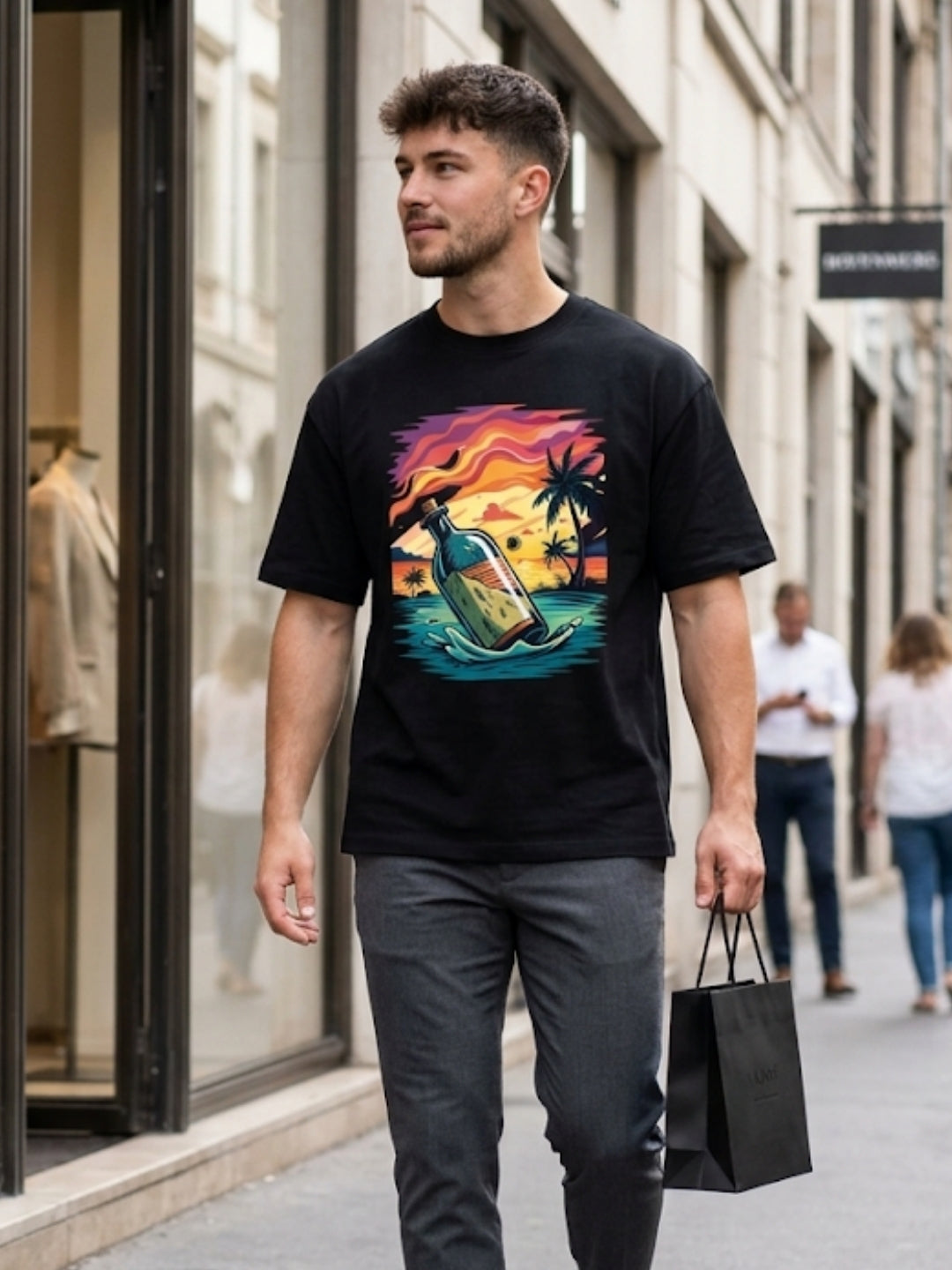 Message in a Bottle Tropical Sunset Oversized Tee – Men’s Black