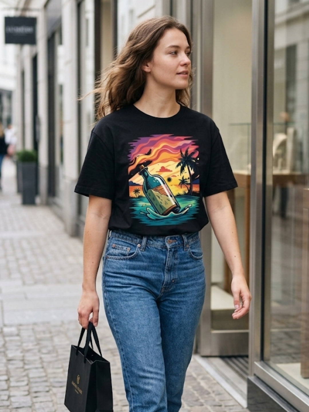 Message in a Bottle Tropical Sunset Oversized Tee – Women’s Black