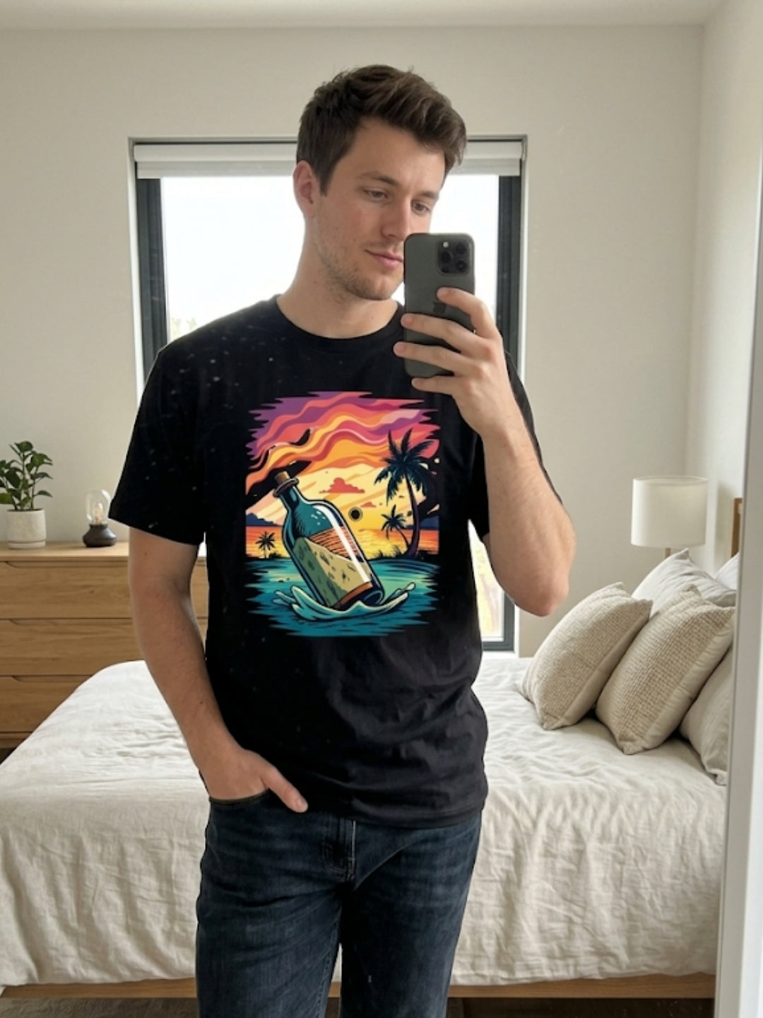 Message in a Bottle Tropical Sunset Oversized Tee – Men’s Black