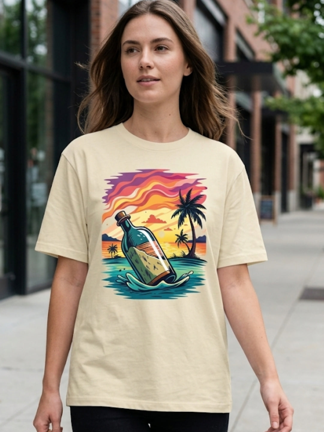 Message in a Bottle Tropical Sunset Oversized Tee – Women’s Cream