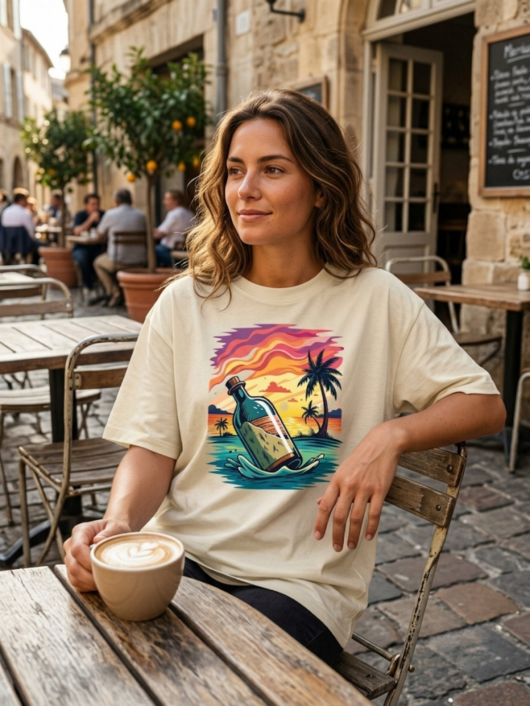 Message in a Bottle Tropical Sunset Oversized Tee – Women’s Cream