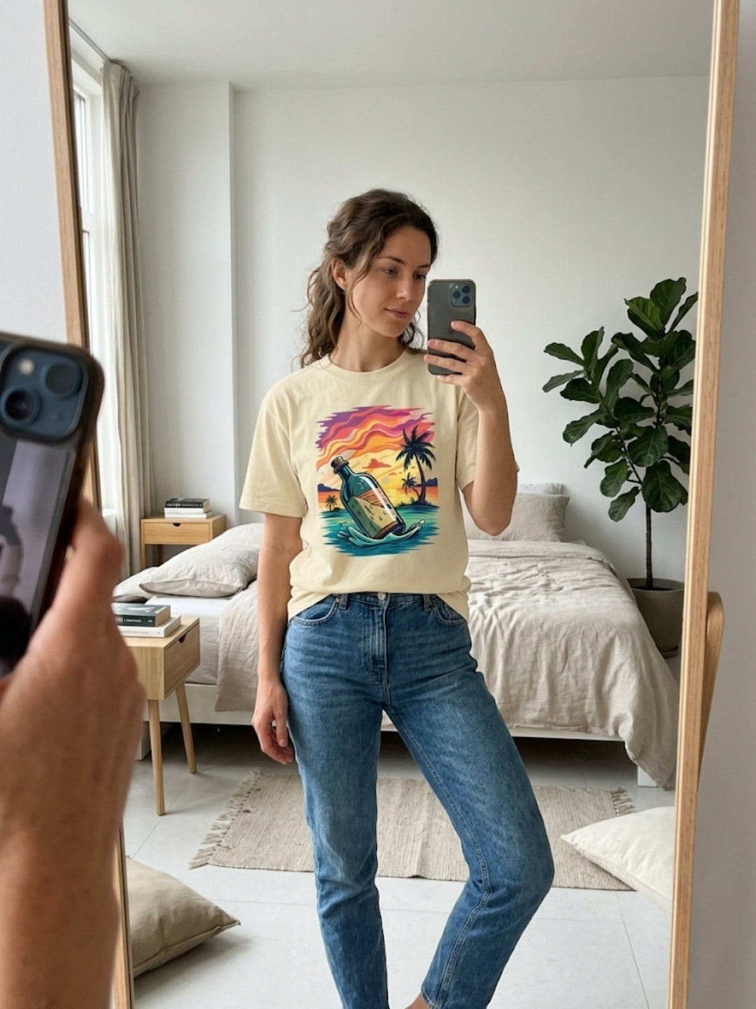 Message in a Bottle Tropical Sunset Oversized Tee – Women’s Cream