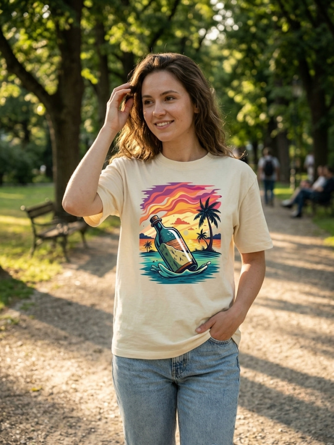 Message in a Bottle Tropical Sunset Oversized Tee – Women’s Cream