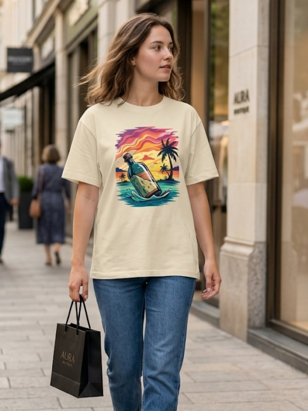 Message in a Bottle Tropical Sunset Oversized Tee – Women’s Cream