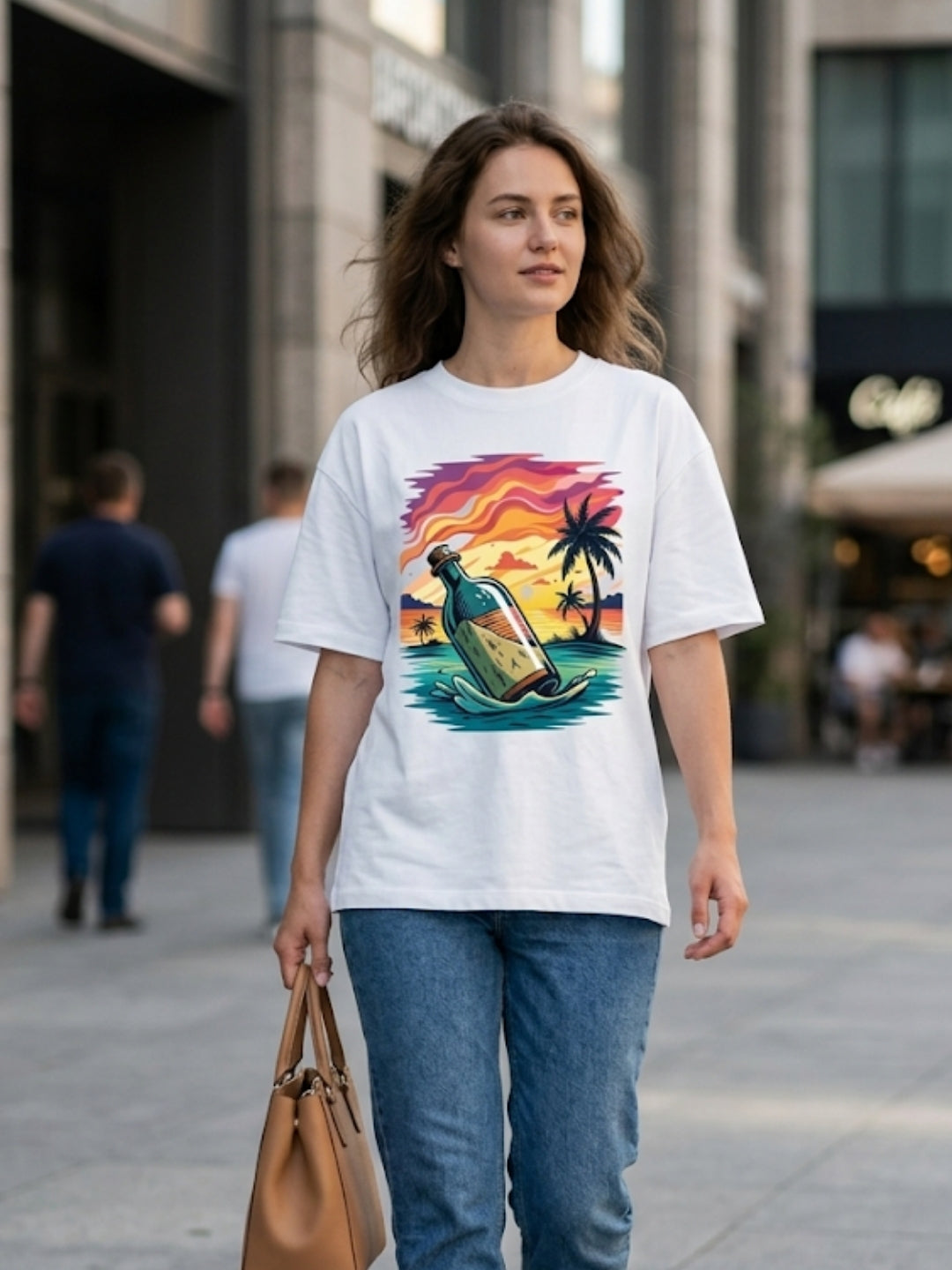 Message in a Bottle Tropical Sunset Oversized Tee – Women’s White