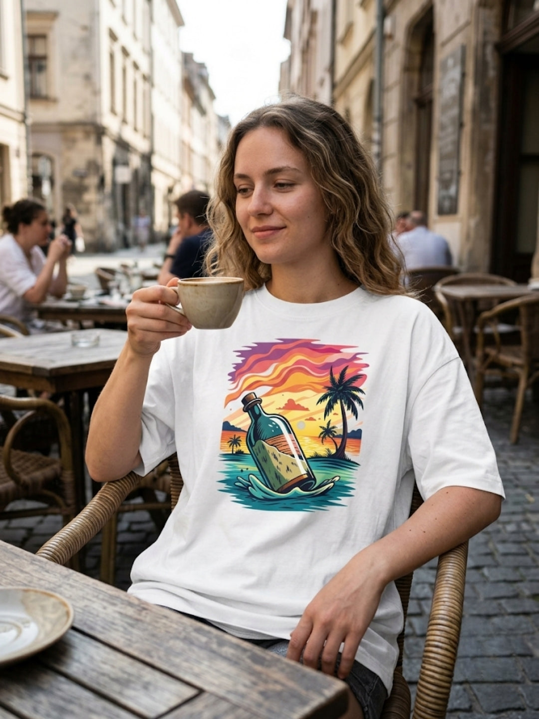 Message in a Bottle Tropical Sunset Oversized Tee – Women’s White