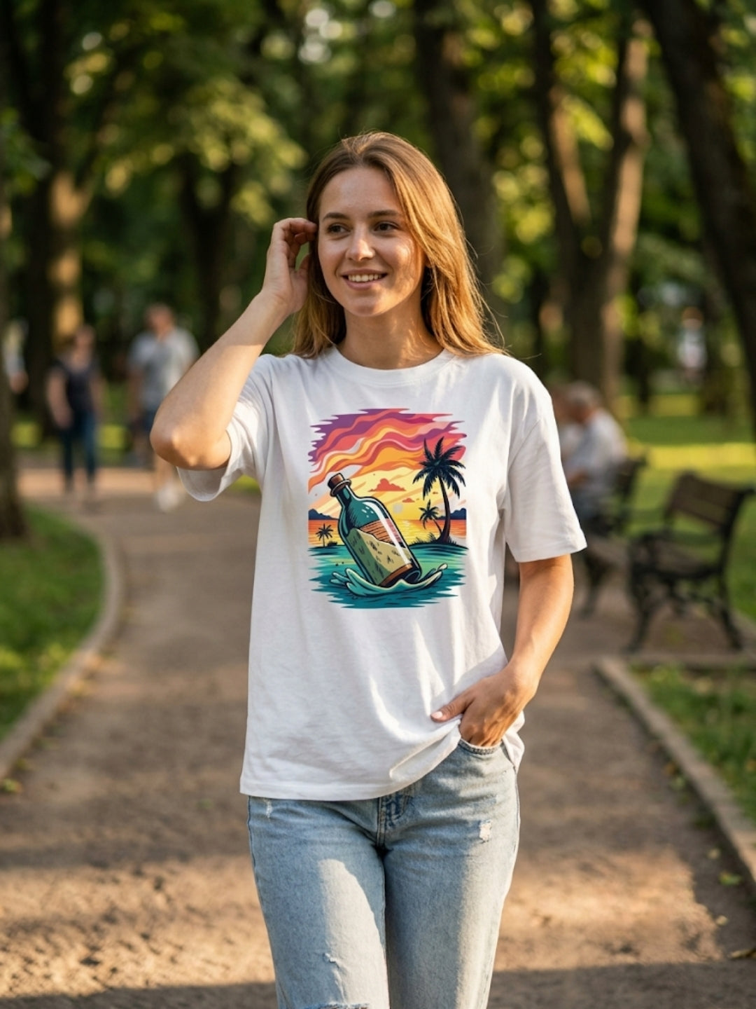 Message in a Bottle Tropical Sunset Oversized Tee – Women’s White