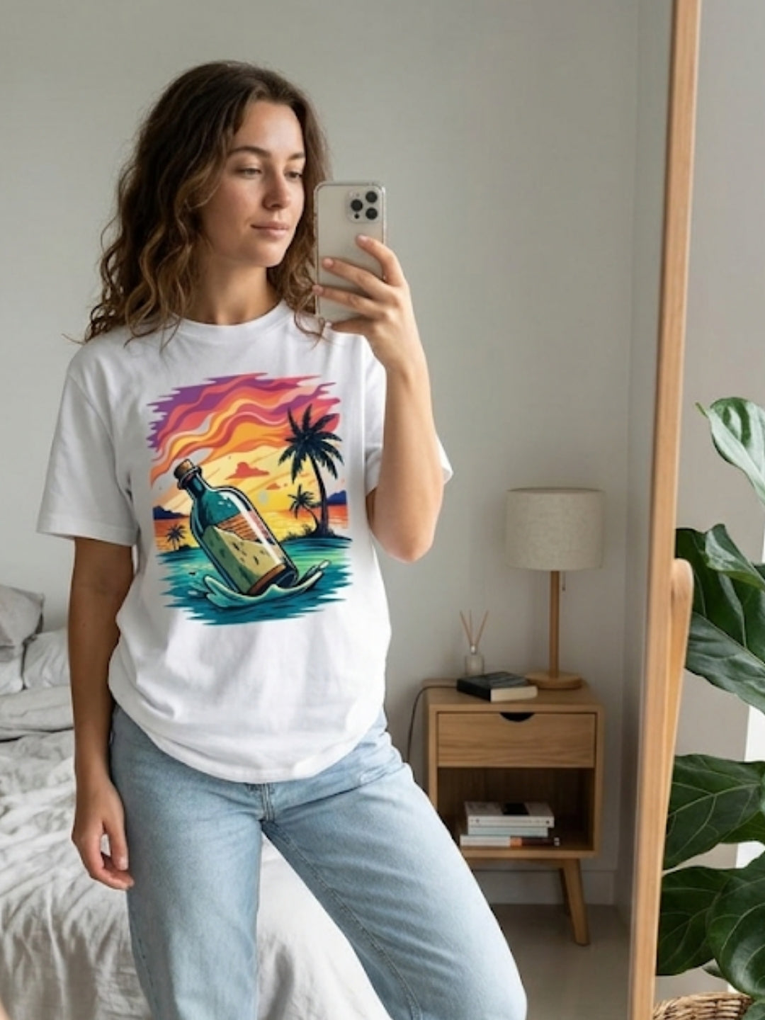 Message in a Bottle Tropical Sunset Oversized Tee – Women’s White