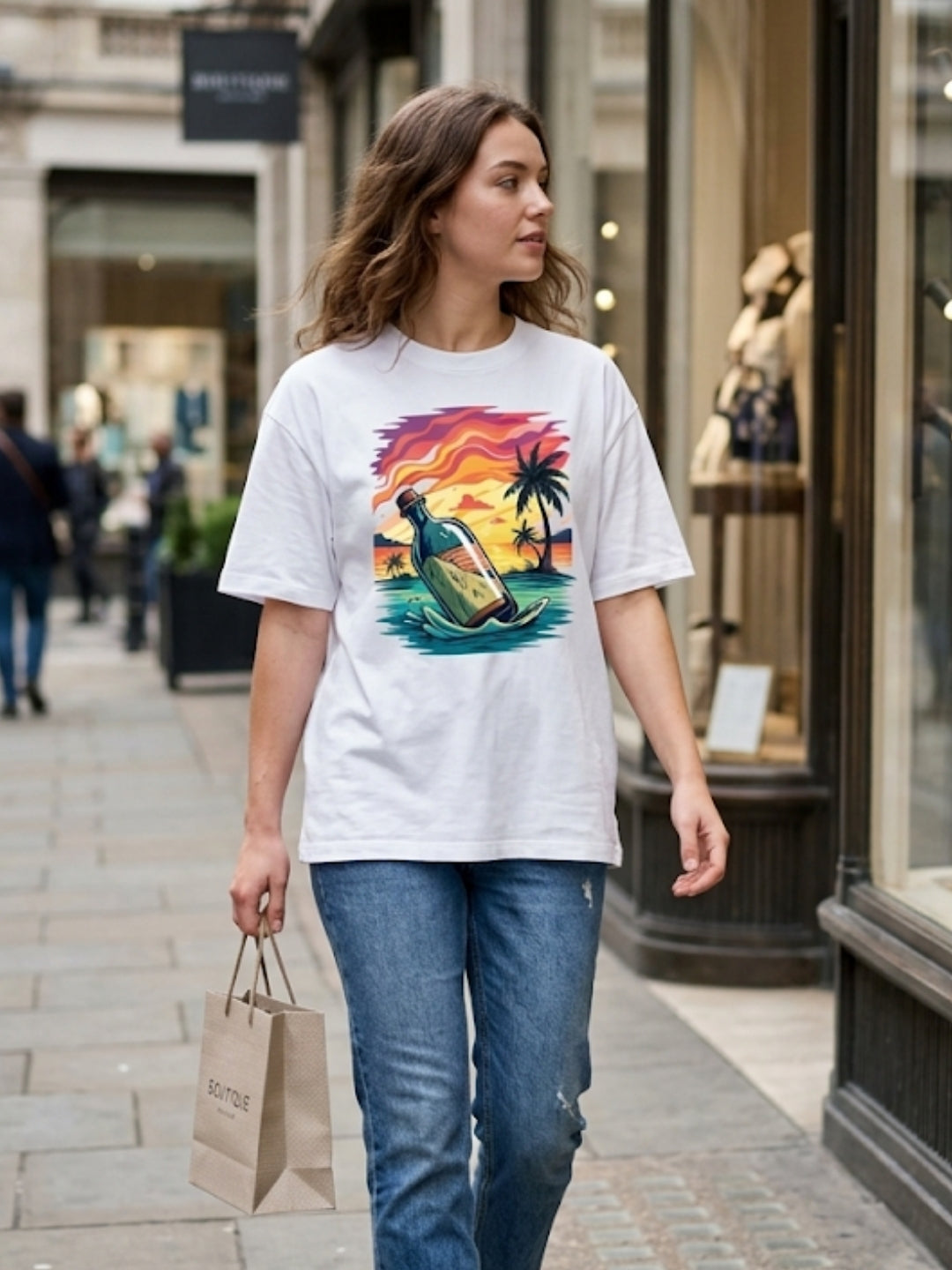 Message in a Bottle Tropical Sunset Oversized Tee – Women’s White