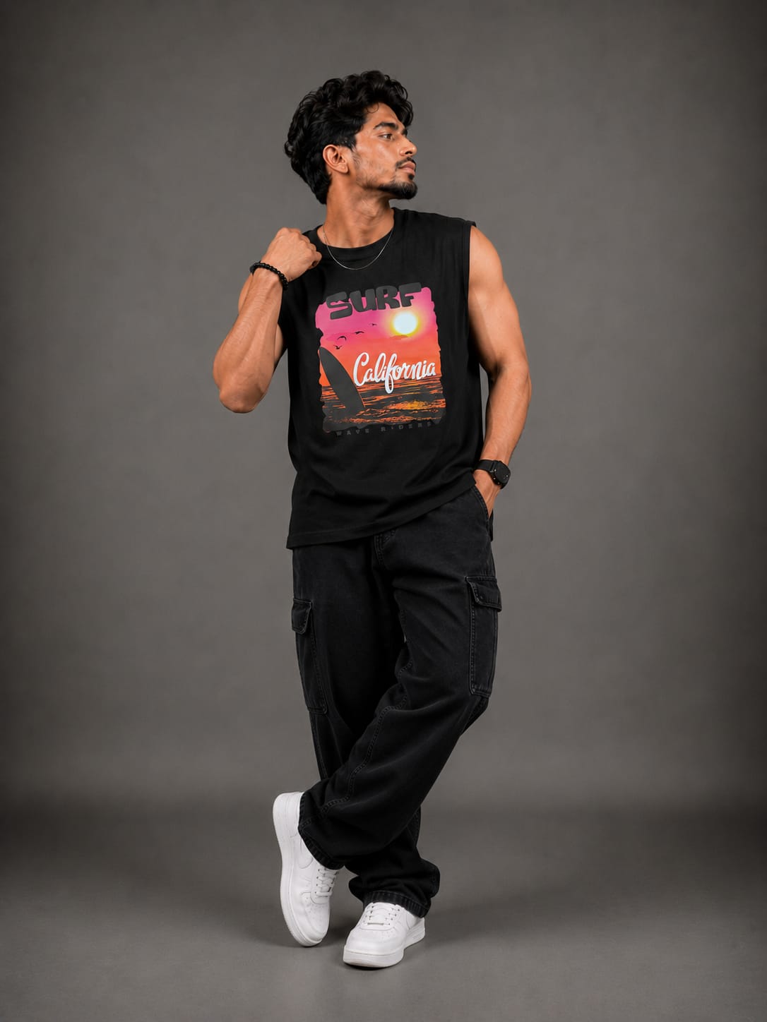 The Modvue Men's Retro Surf California Graphic Muscle Tee | Black Tank Top