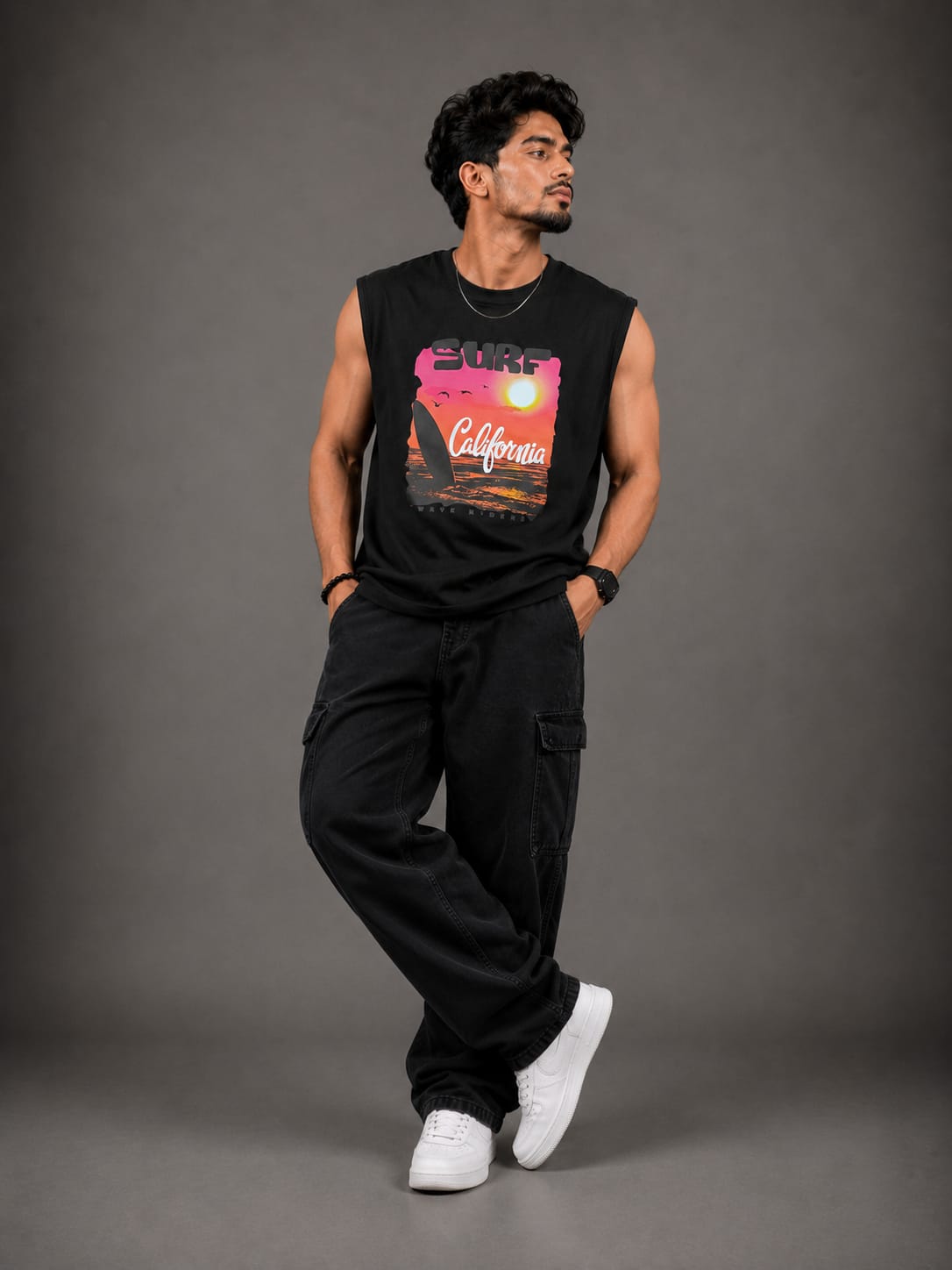 The Modvue Men's Retro Surf California Graphic Muscle Tee | Black Tank Top