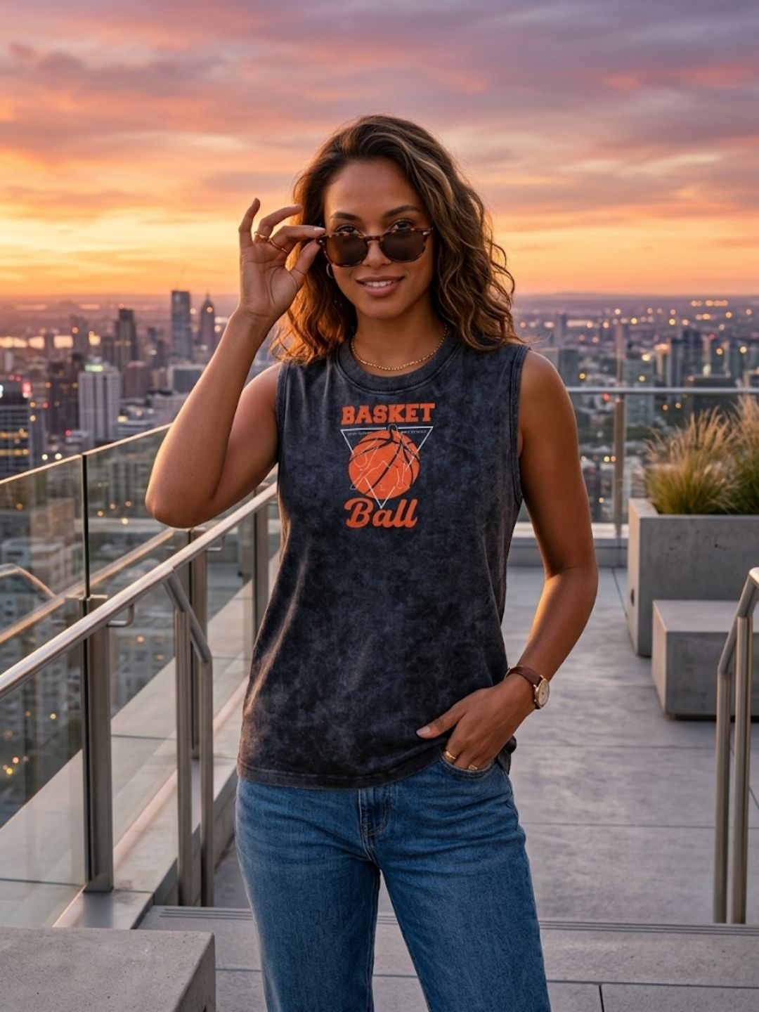 Basketball Retro Triangle Muscle Tank – Women’s Acid Wash Black