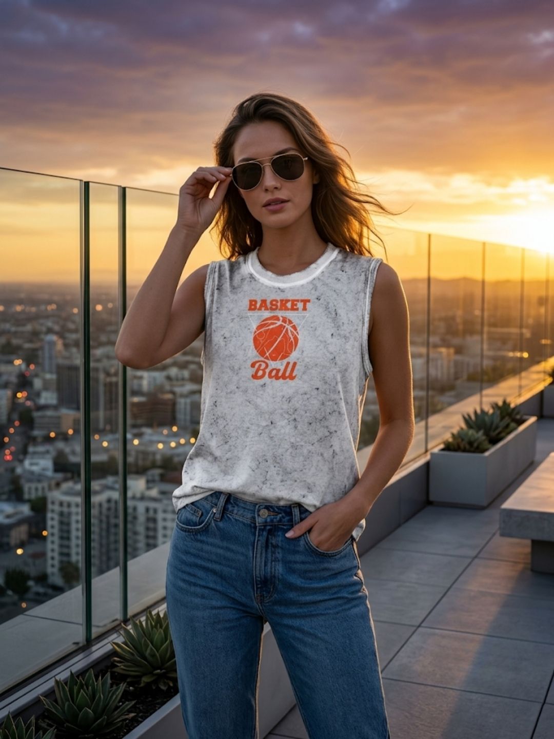 Basketball Retro Triangle Muscle Tank – Women’s Acid Wash White