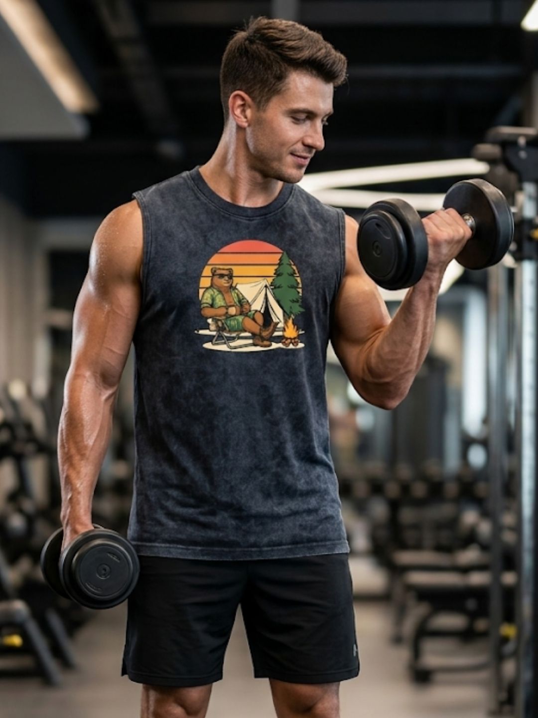 Camping Bear Retro Sunset Muscle Tank – Acid Wash Black