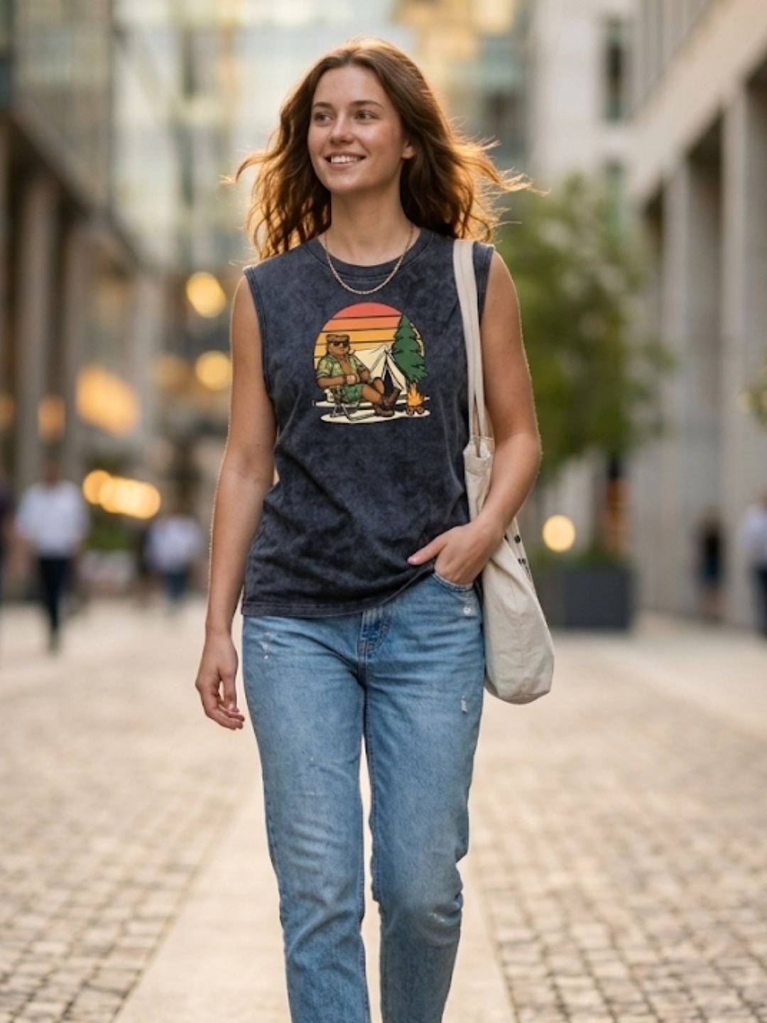 Camping Bear Retro Sunset Muscle Tank – Women’s Acid Wash Black