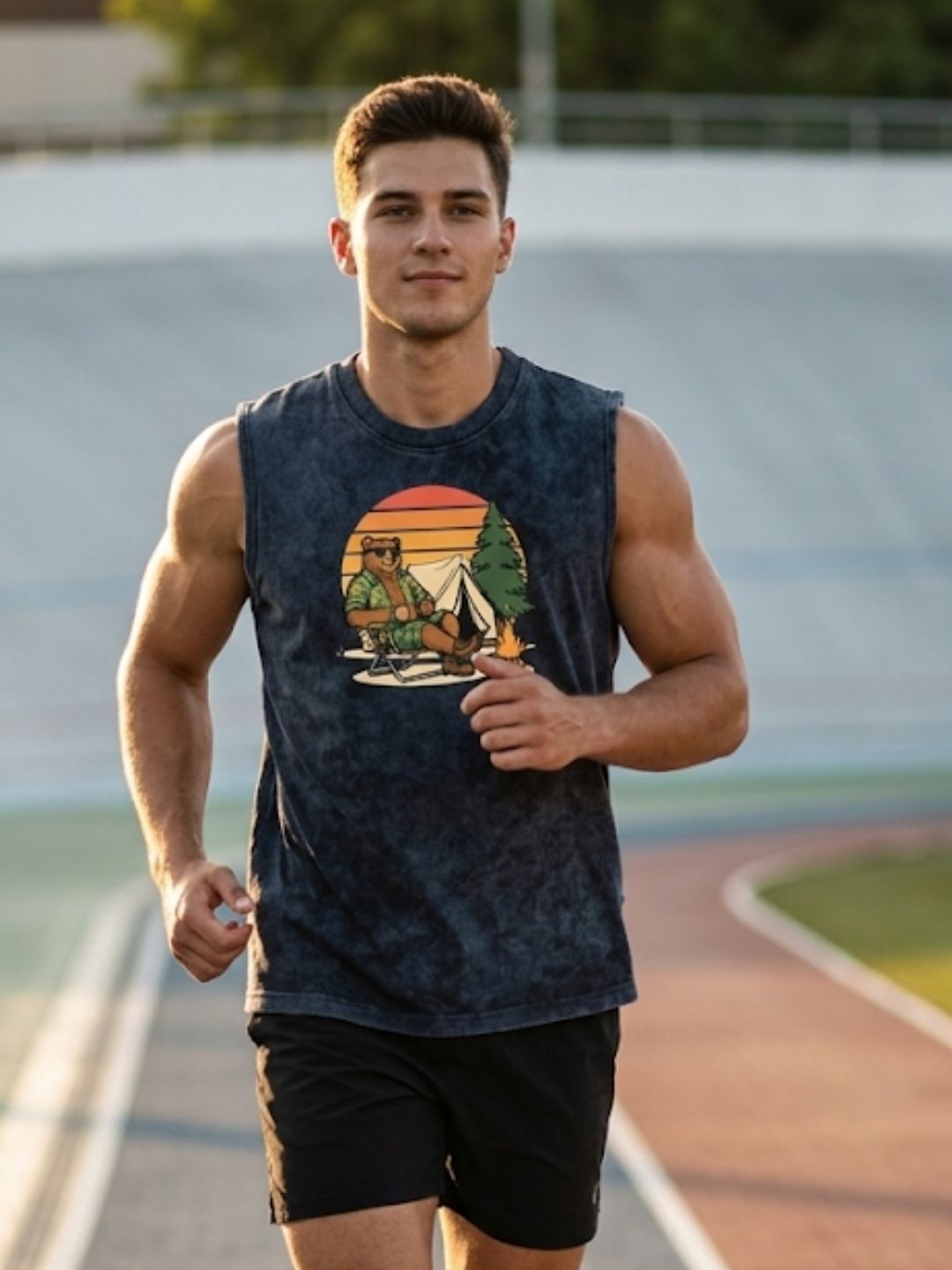 Camping Bear Retro Sunset Muscle Tank – Acid Wash Black