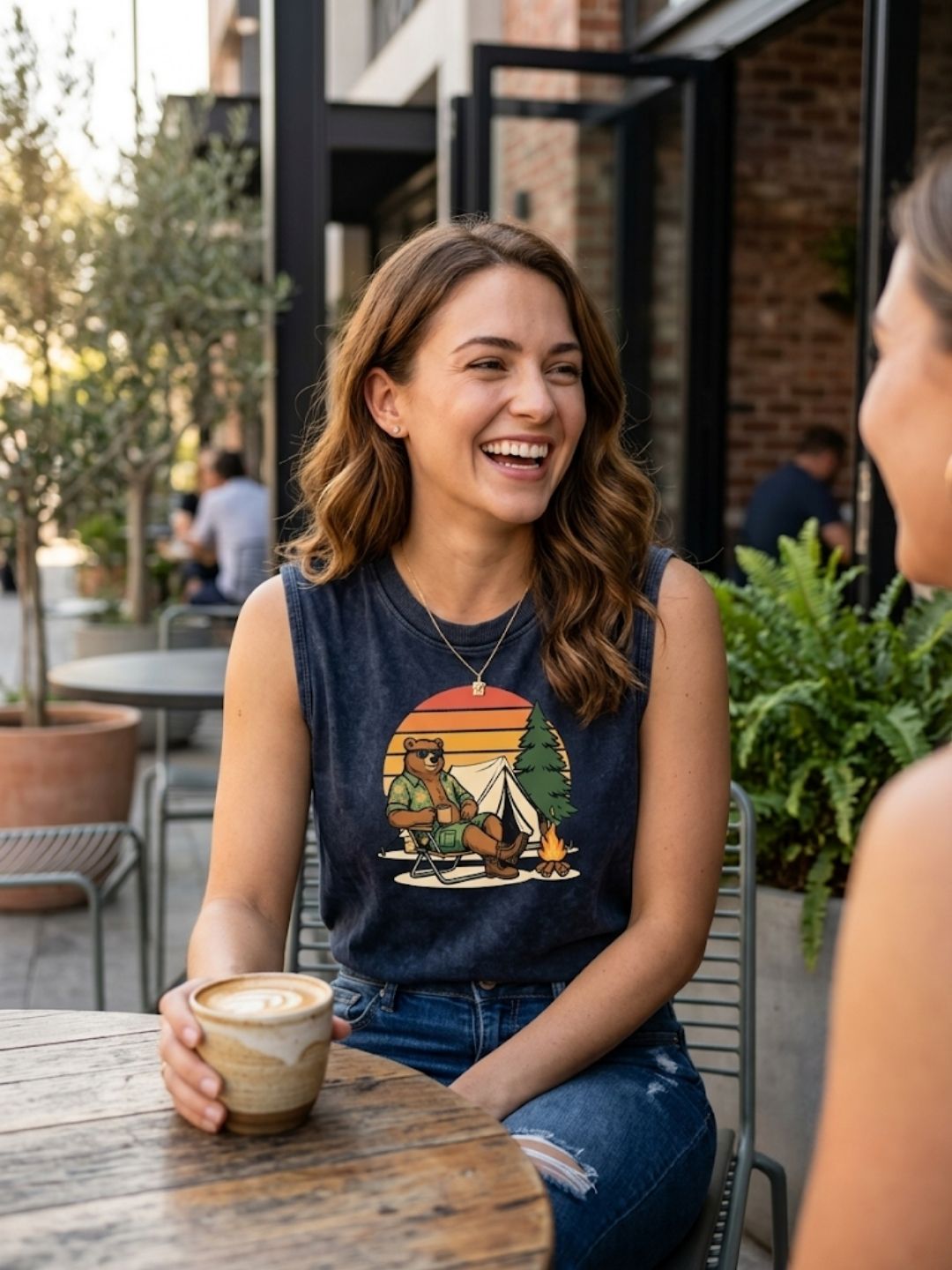 Camping Bear Retro Sunset Muscle Tank – Women’s Acid Wash Black
