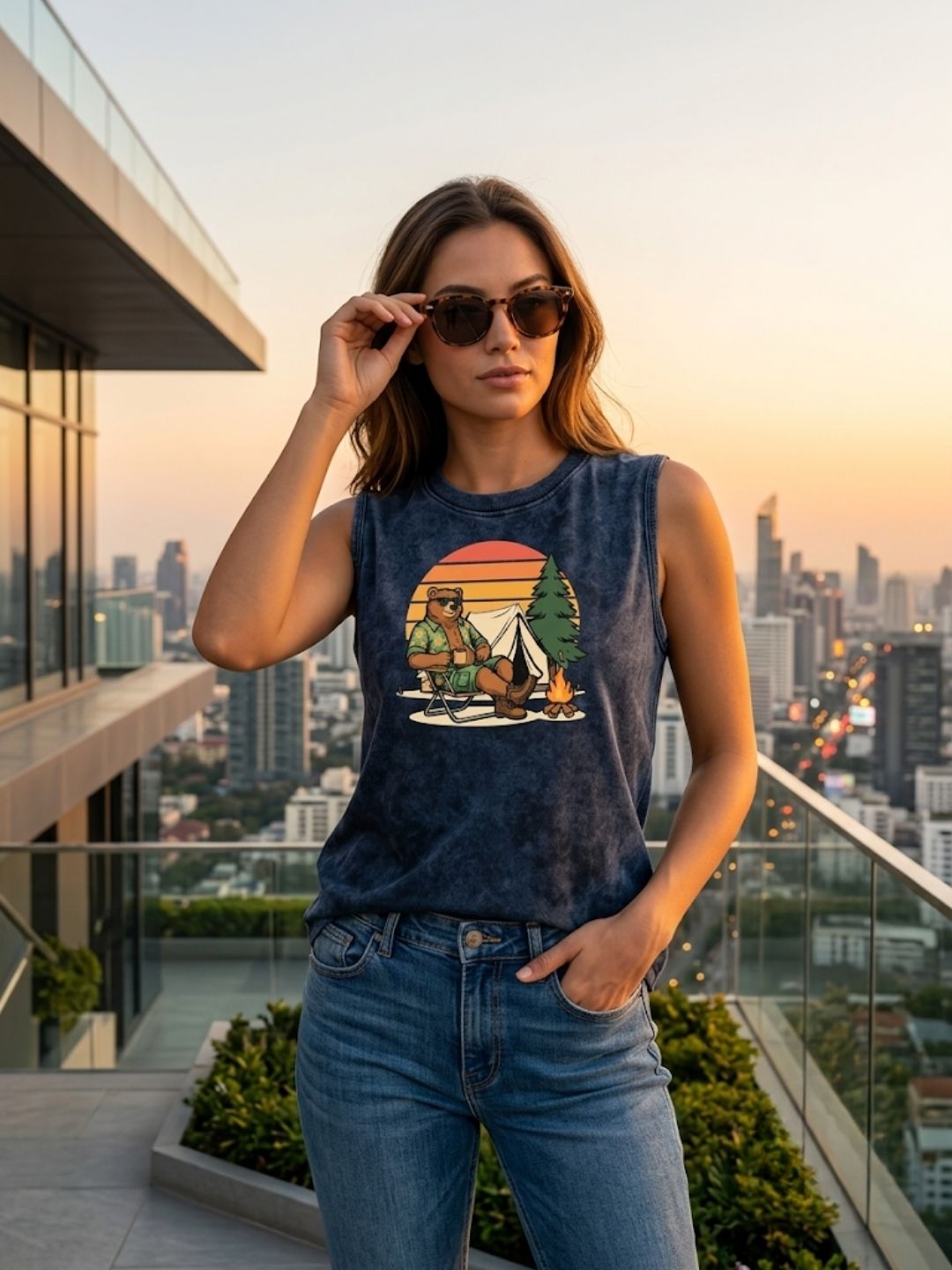 Camping Bear Retro Sunset Muscle Tank – Women’s Acid Wash Black
