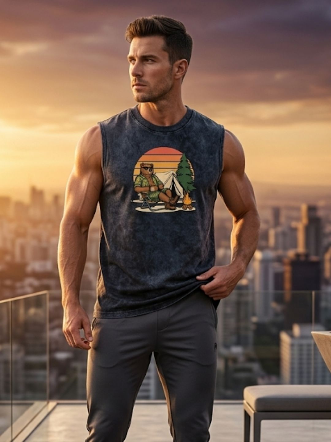 Camping Bear Retro Sunset Muscle Tank – Acid Wash Black
