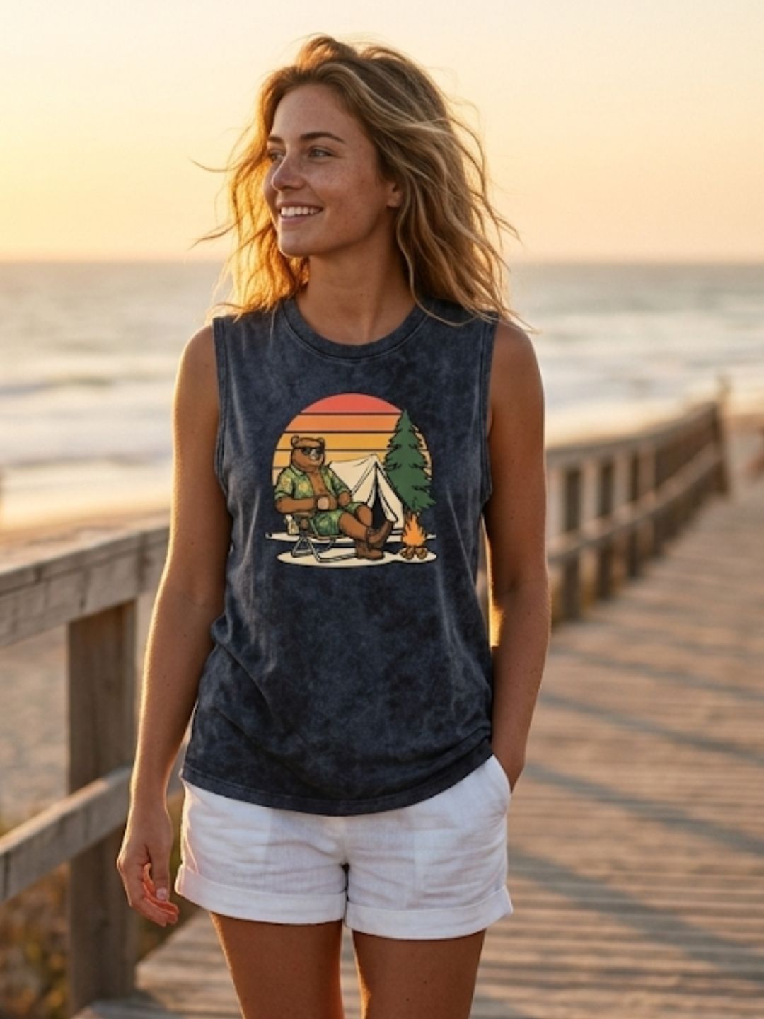 Camping Bear Retro Sunset Muscle Tank – Women’s Acid Wash Black