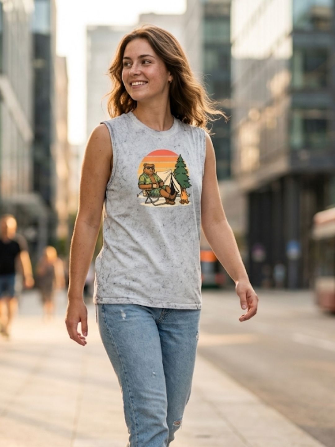Camping Bear Retro Sunset Muscle Tank – Women’s Acid Wash White