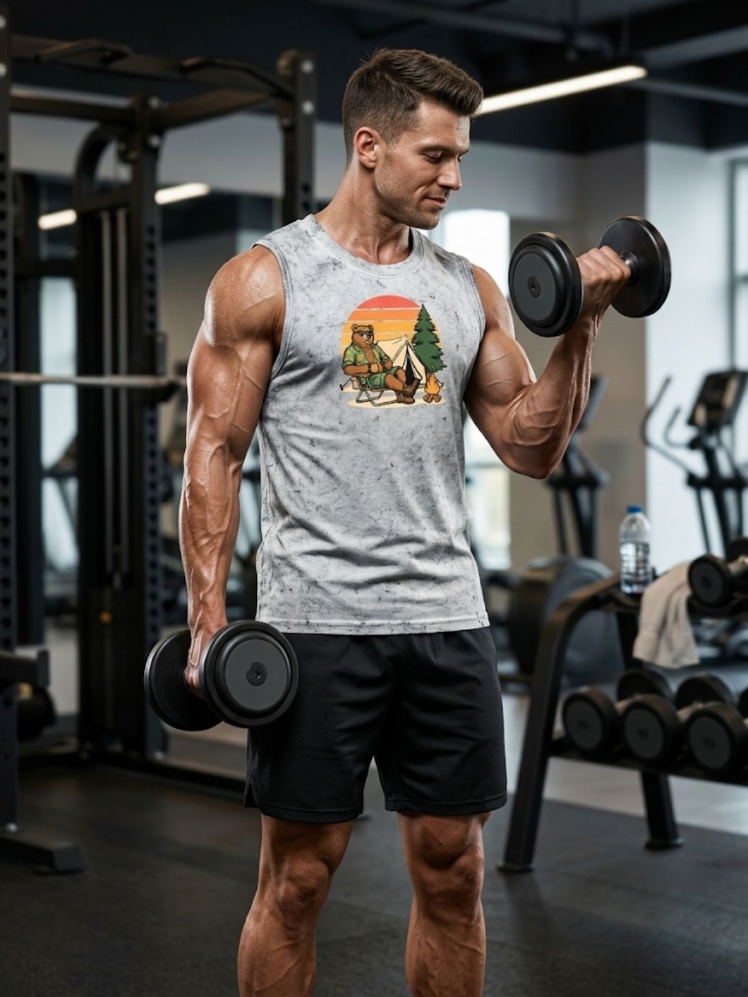Camping Bear Sunset Muscle Tank – Men’s Acid Wash White