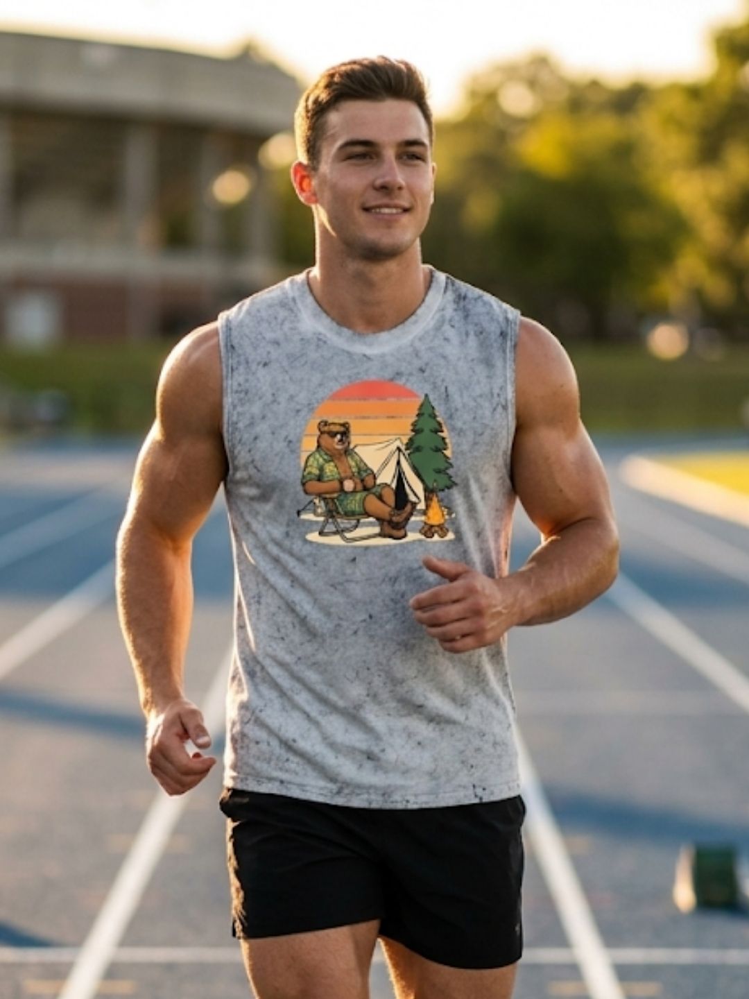 Camping Bear Sunset Muscle Tank – Men’s Acid Wash White
