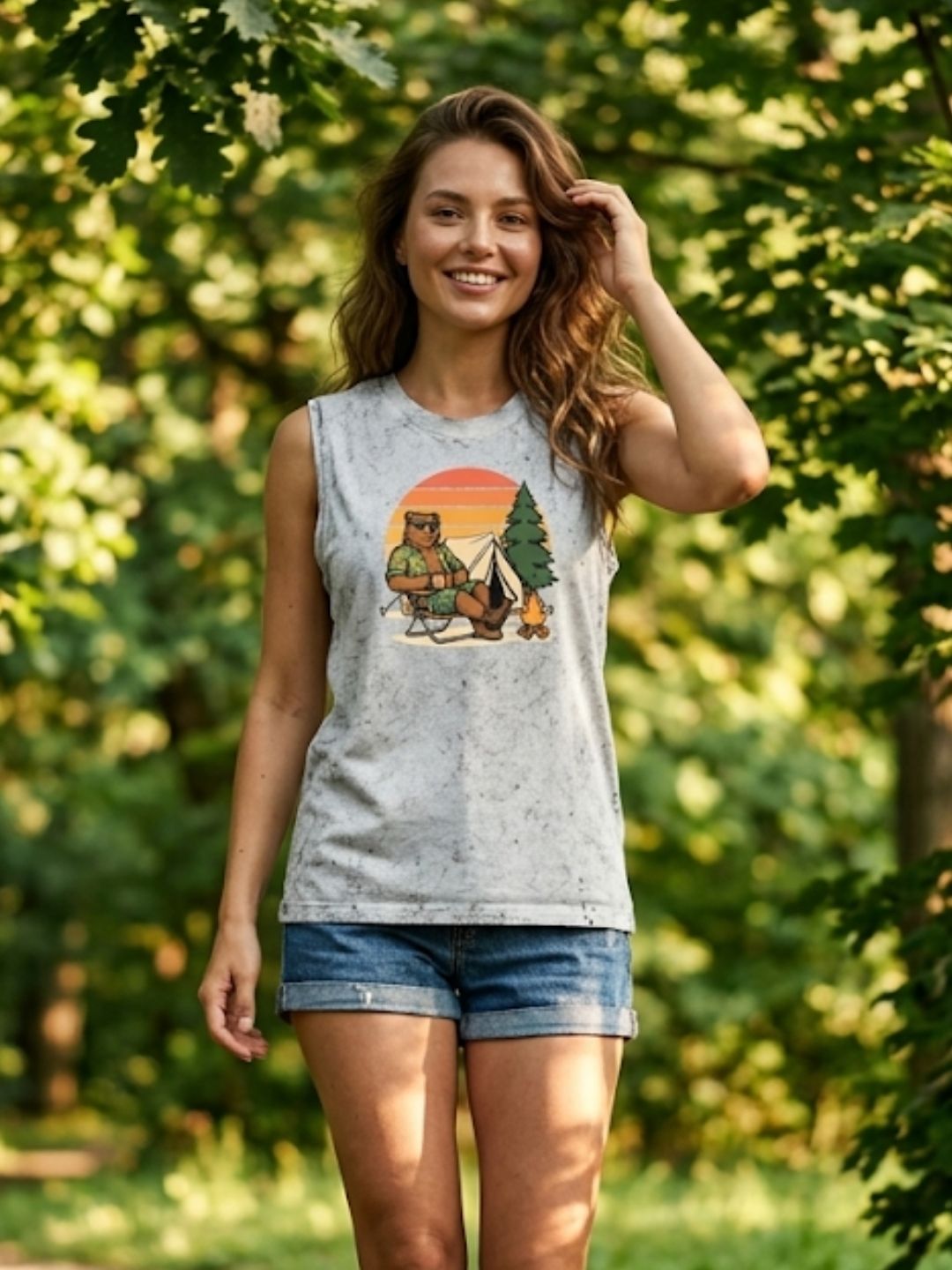 Camping Bear Retro Sunset Muscle Tank – Women’s Acid Wash White