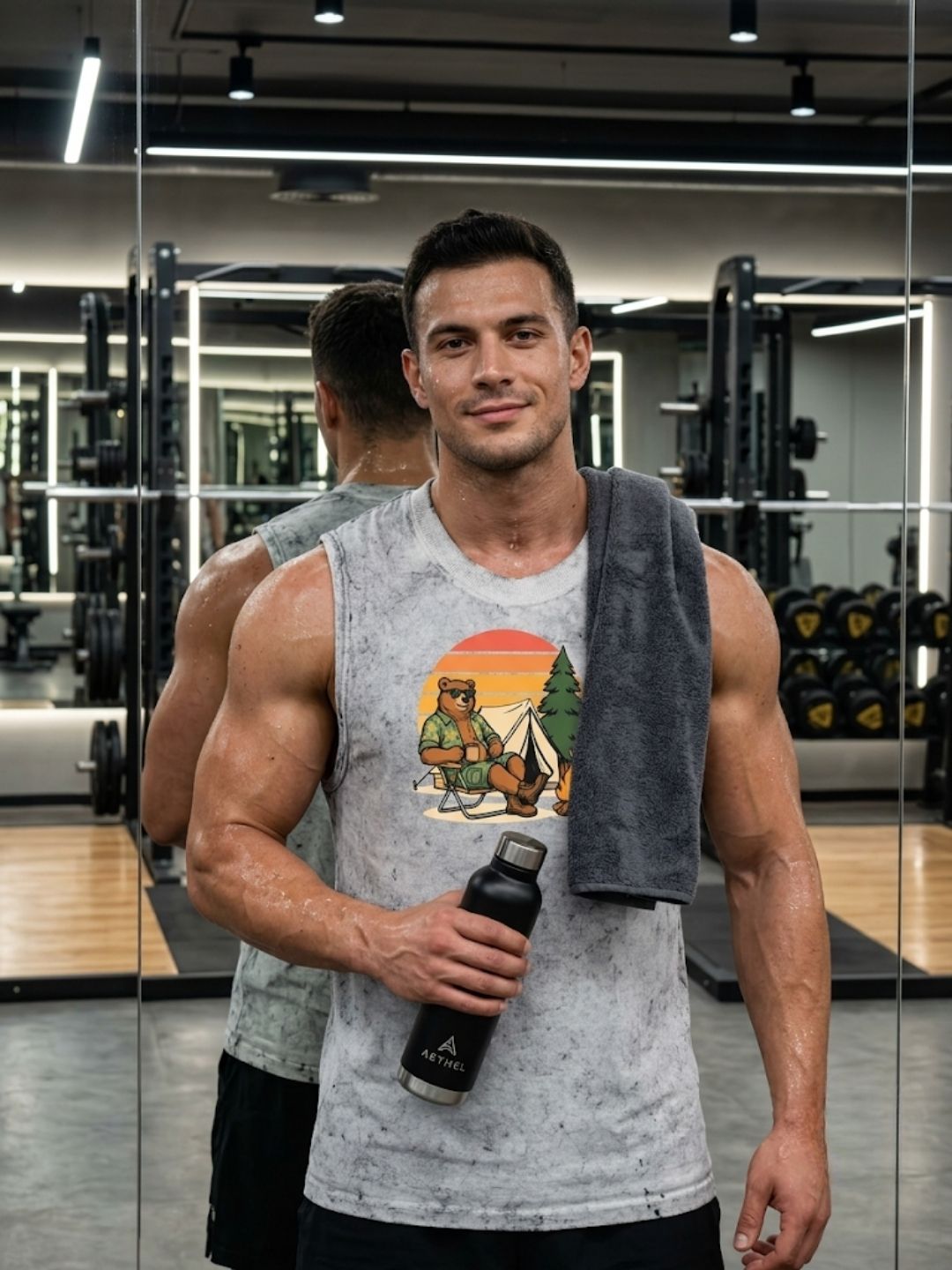 Camping Bear Sunset Muscle Tank – Men’s Acid Wash White