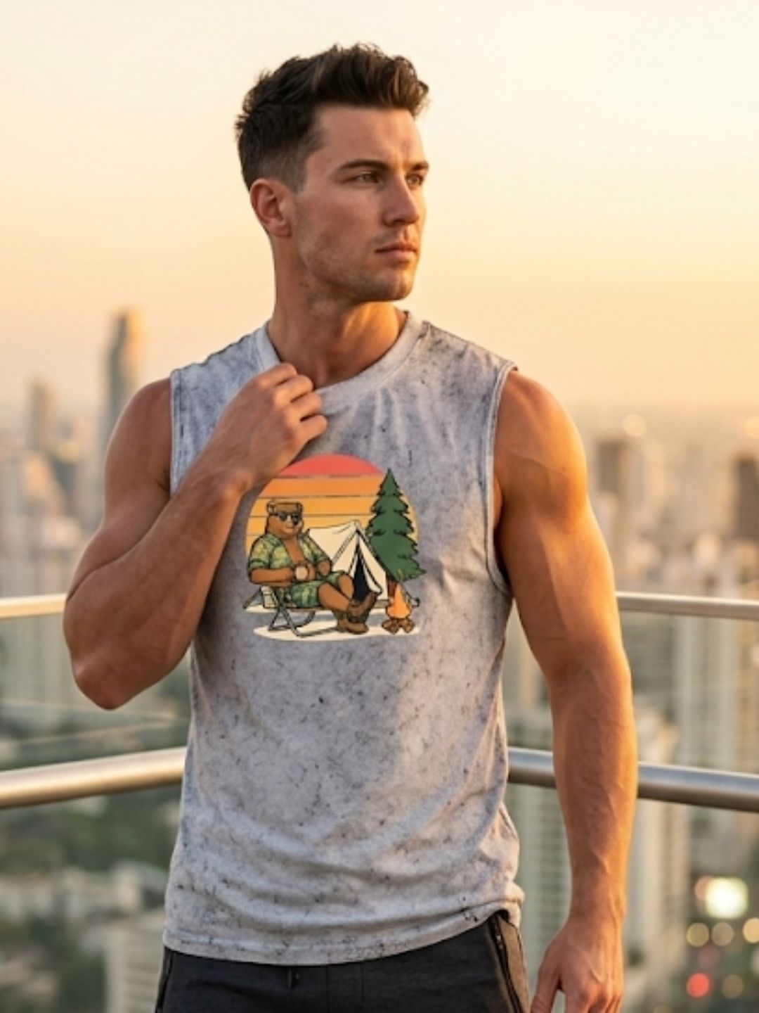 Camping Bear Sunset Muscle Tank – Men’s Acid Wash White