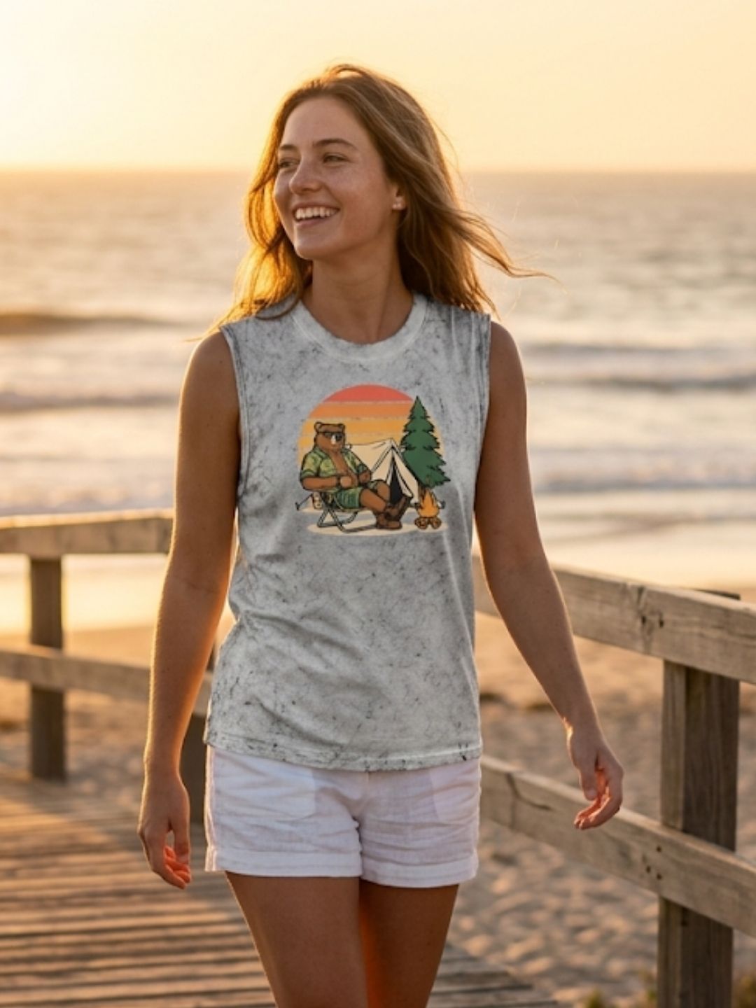 Camping Bear Retro Sunset Muscle Tank – Women’s Acid Wash White