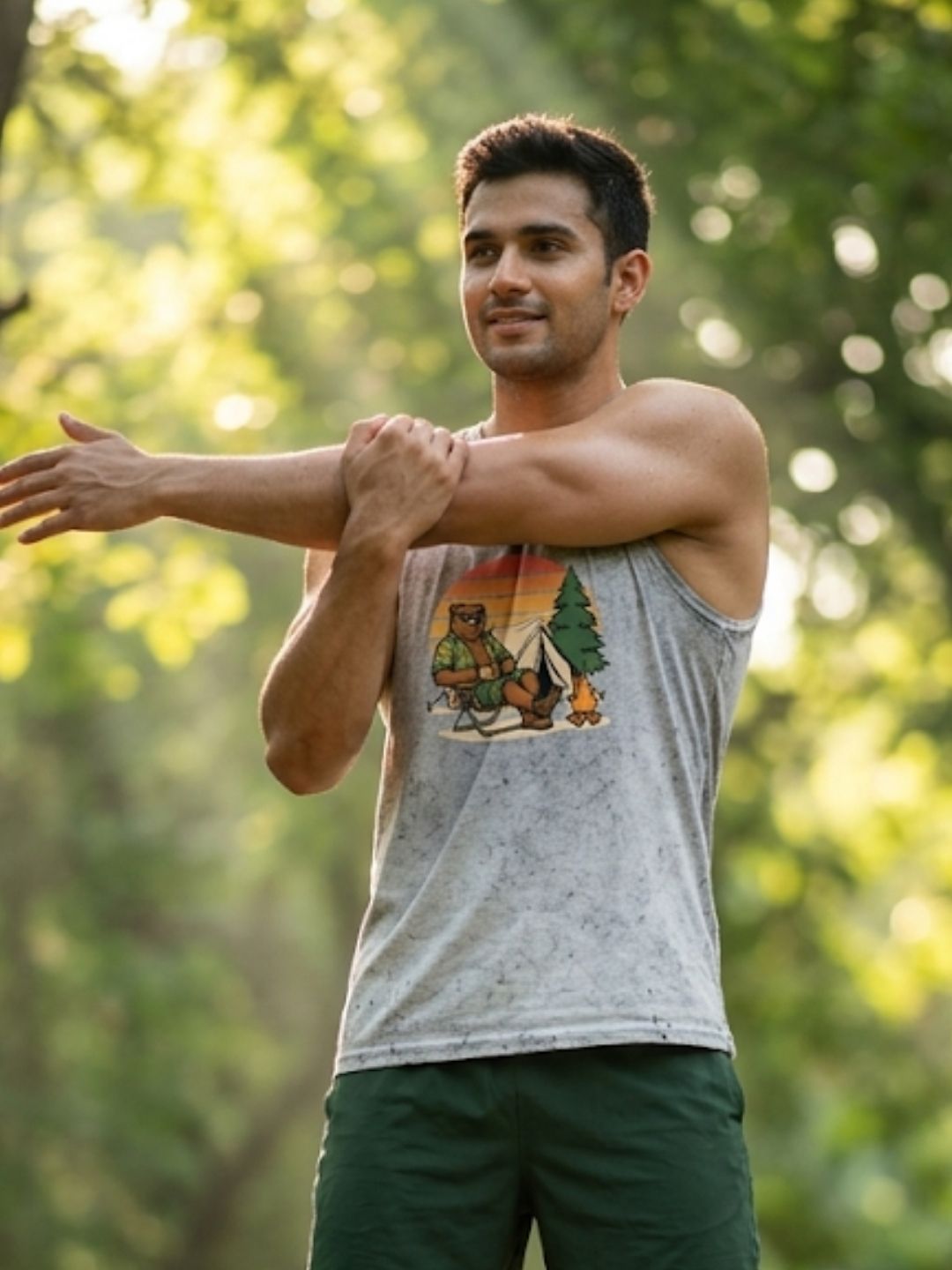 Camping Bear Sunset Muscle Tank – Men’s Acid Wash White