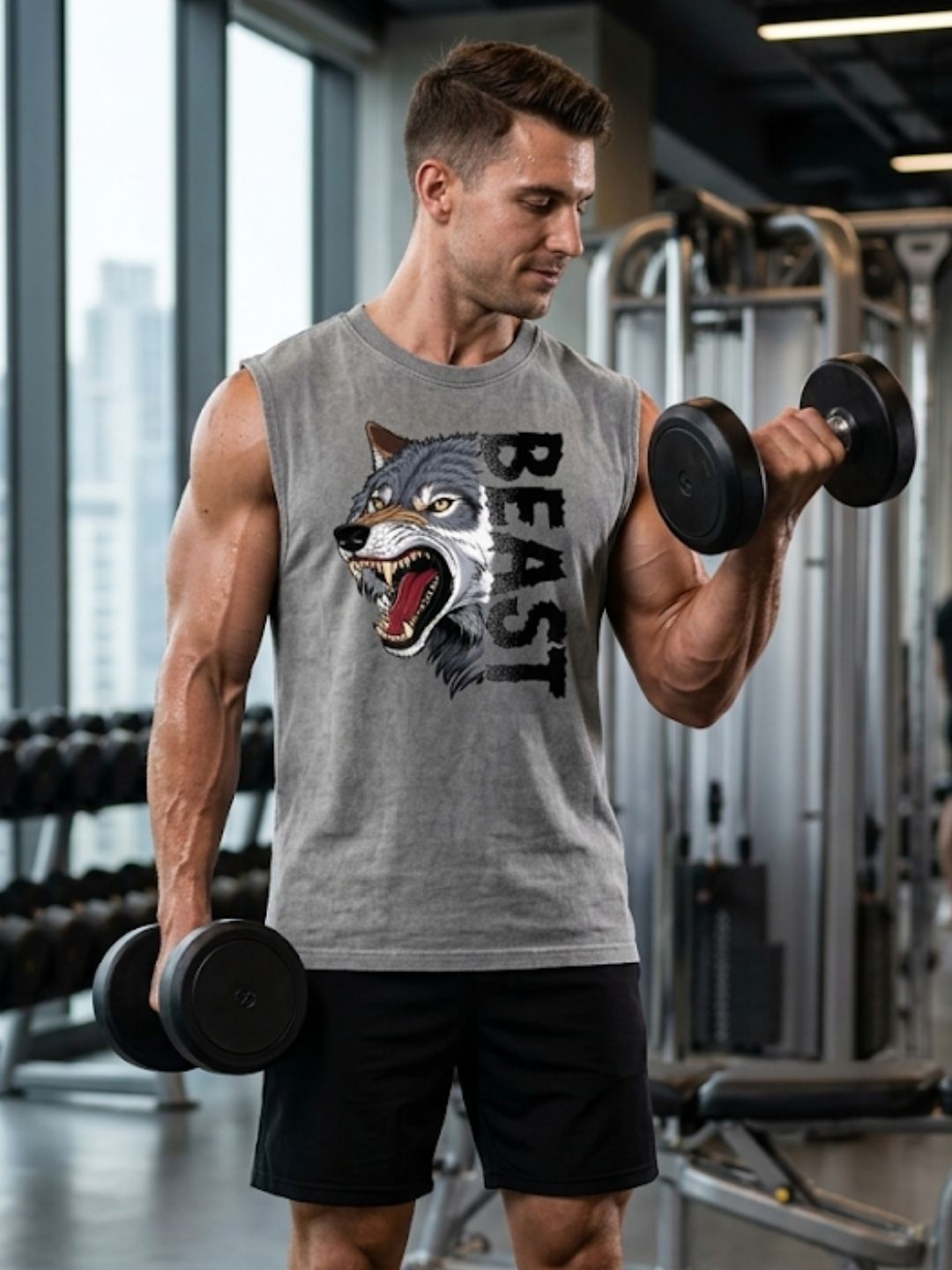 Beast Wolf Muscle Tank – Men’s Acid Wash Grey