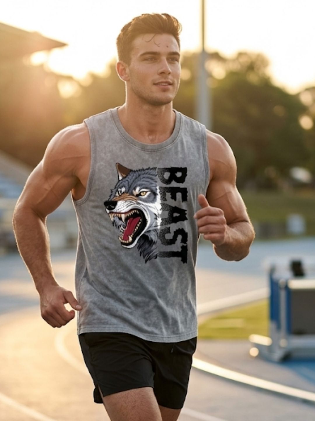 Beast Wolf Muscle Tank – Men’s Acid Wash Grey