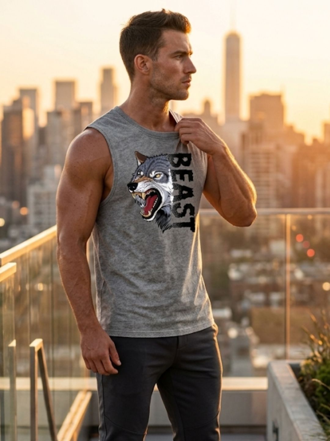 Beast Wolf Muscle Tank – Men’s Acid Wash Grey