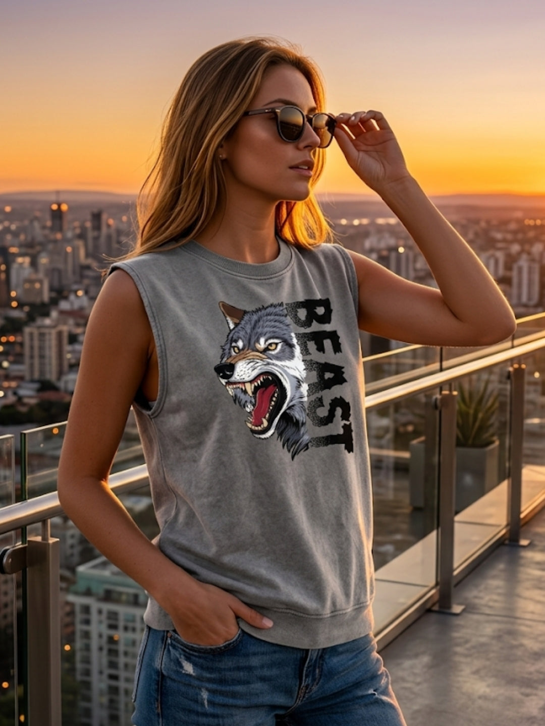 Beast Wolf Muscle Tank – Women’s Acid Wash Grey