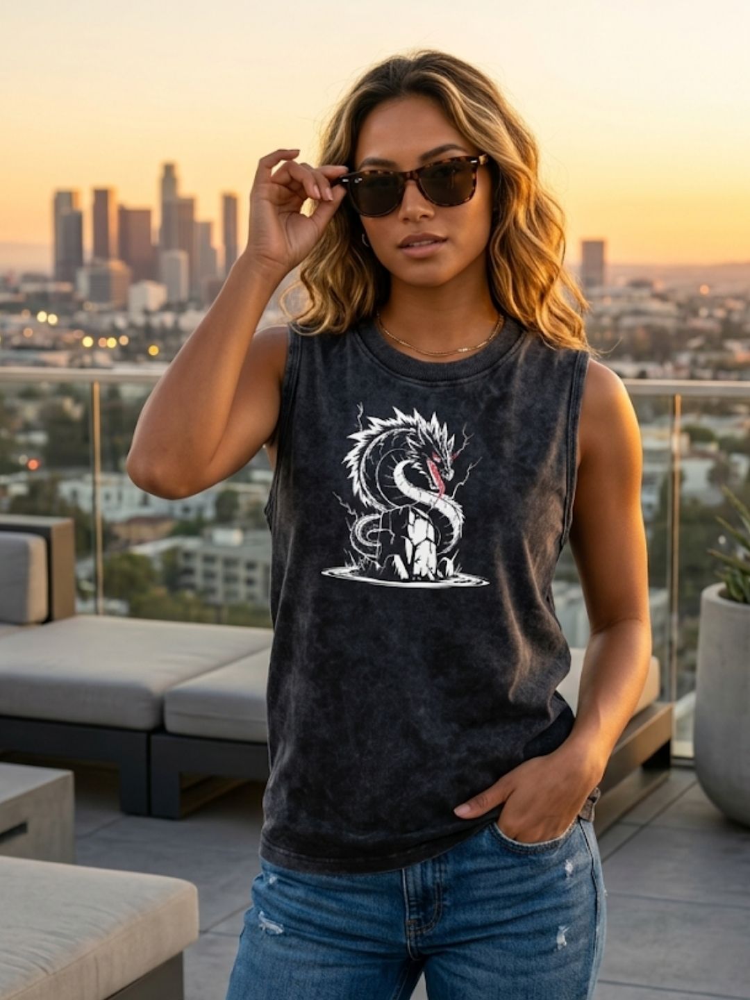 White Storm Dragon Muscle Tank – Women’s Acid Wash Black