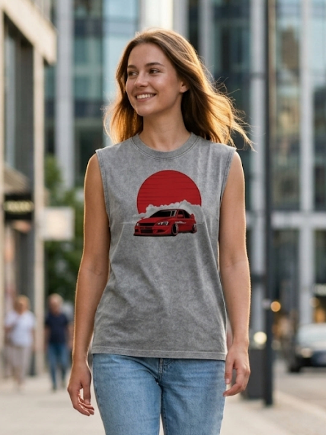 JDM Drift Car Red Sun Muscle Tank – Women’s Acid Wash Grey