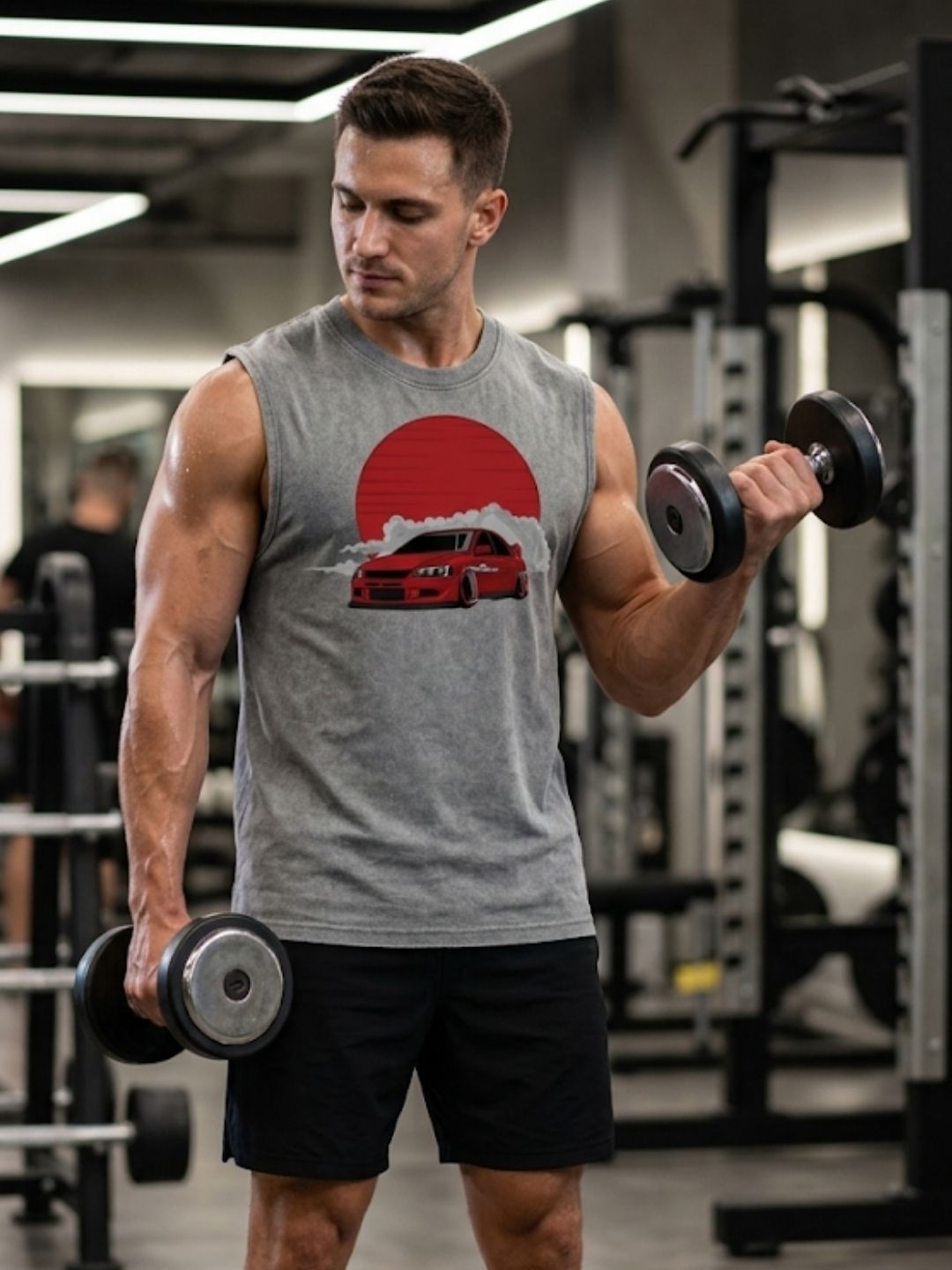 JDM Drift Car Red Sun Muscle Tank – Men’s Acid Wash Grey