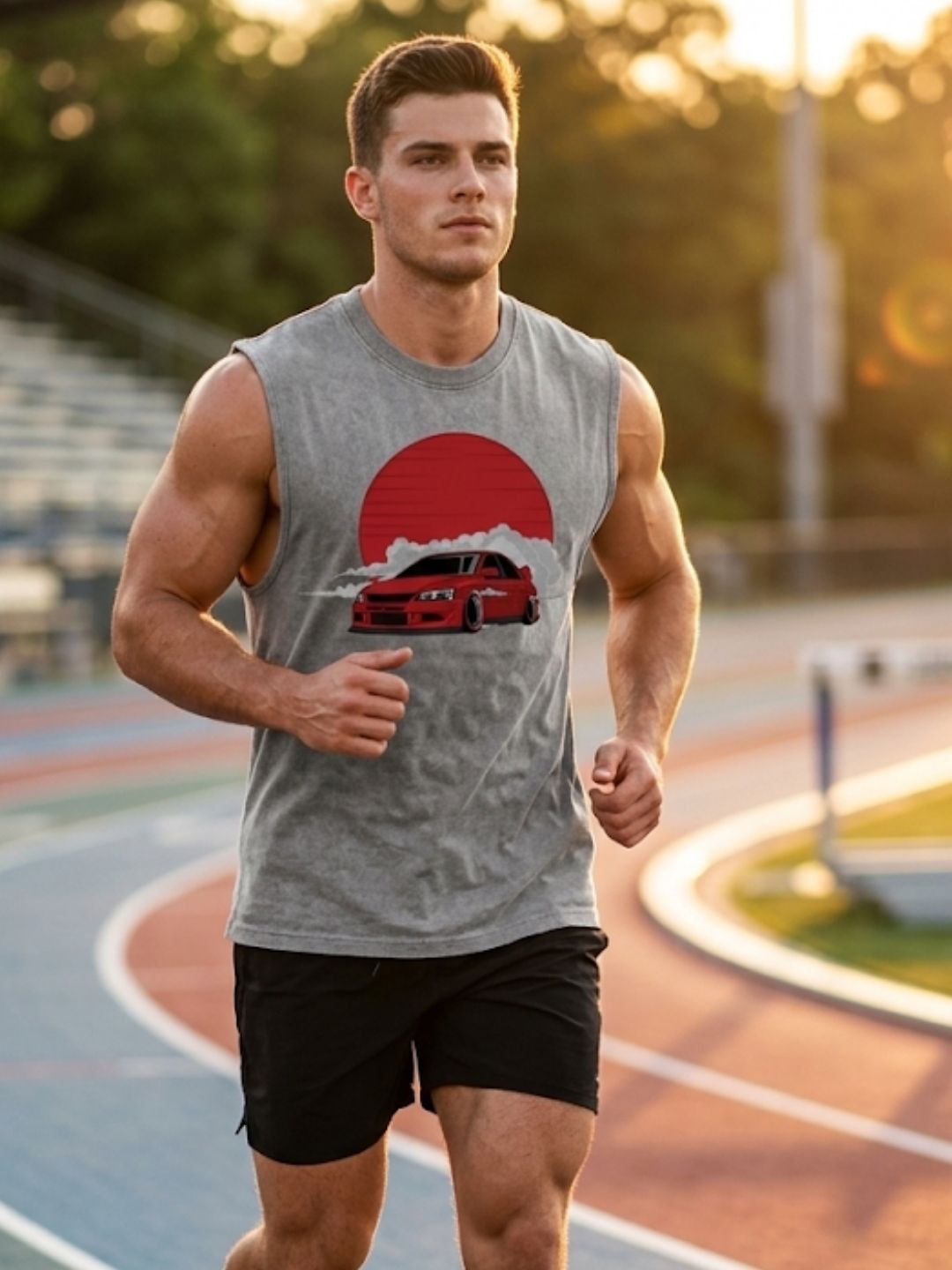JDM Drift Car Red Sun Muscle Tank – Men’s Acid Wash Grey