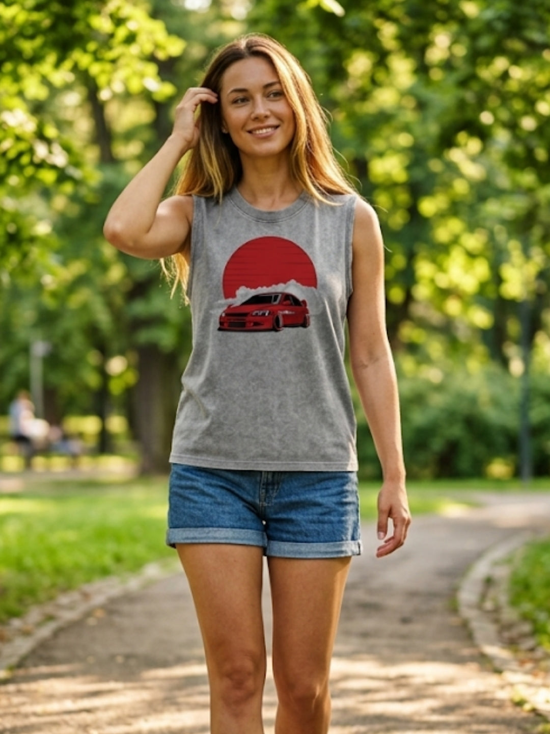 JDM Drift Car Red Sun Muscle Tank – Women’s Acid Wash Grey