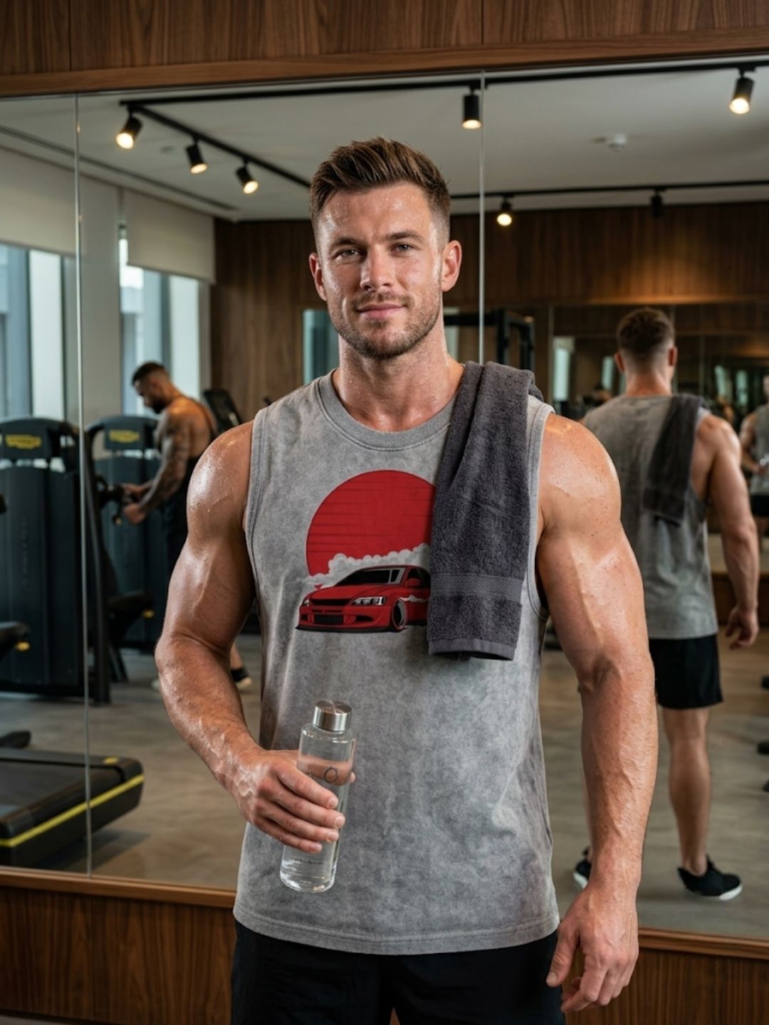 JDM Drift Car Red Sun Muscle Tank – Men’s Acid Wash Grey