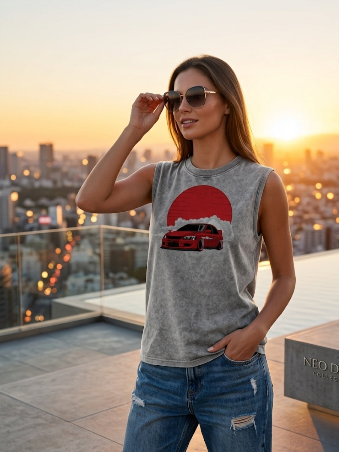 JDM Drift Car Red Sun Muscle Tank – Women’s Acid Wash Grey