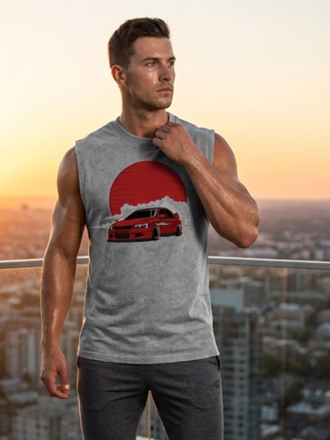 JDM Drift Car Red Sun Muscle Tank – Men’s Acid Wash Grey