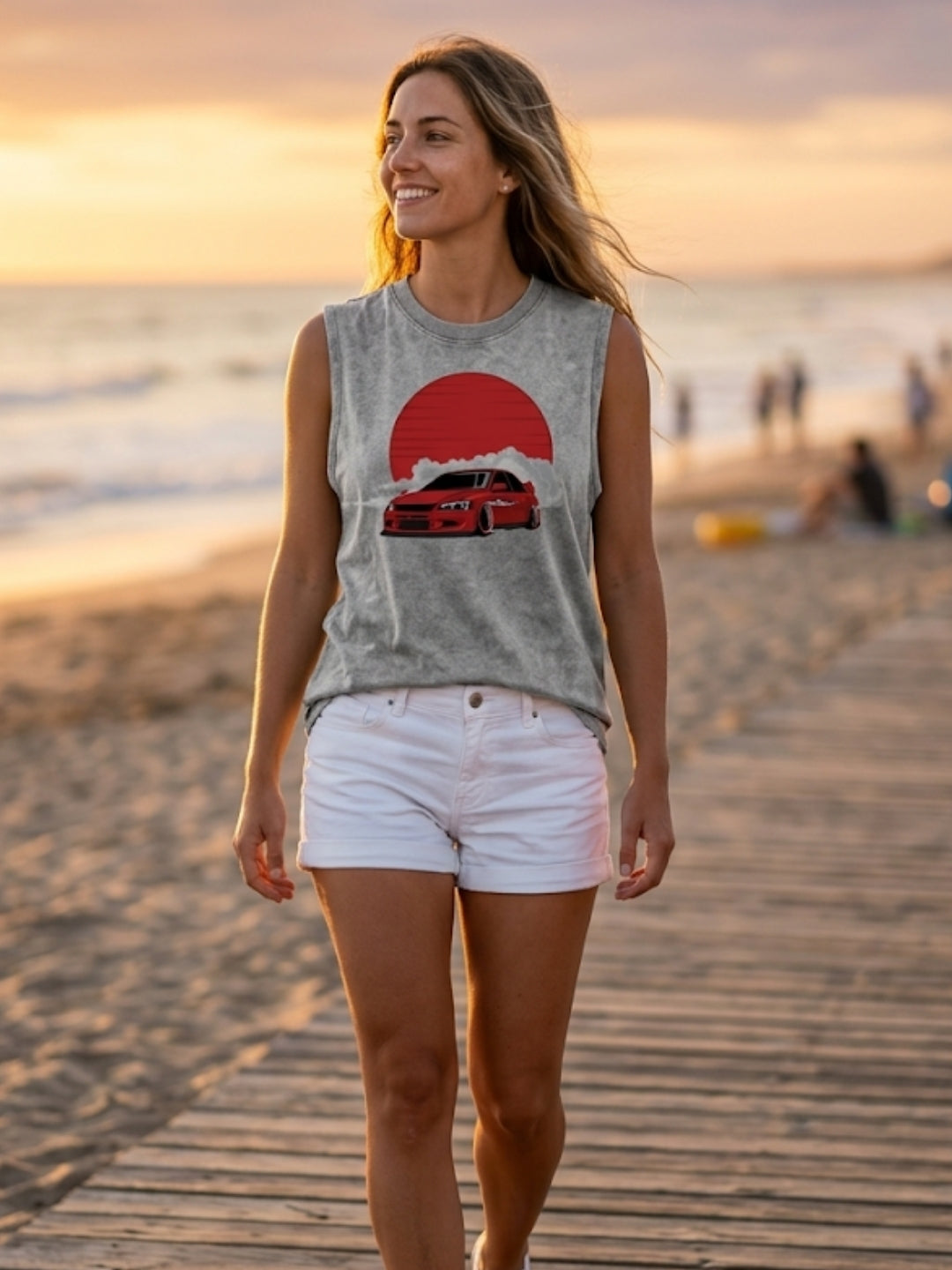 JDM Drift Car Red Sun Muscle Tank – Women’s Acid Wash Grey
