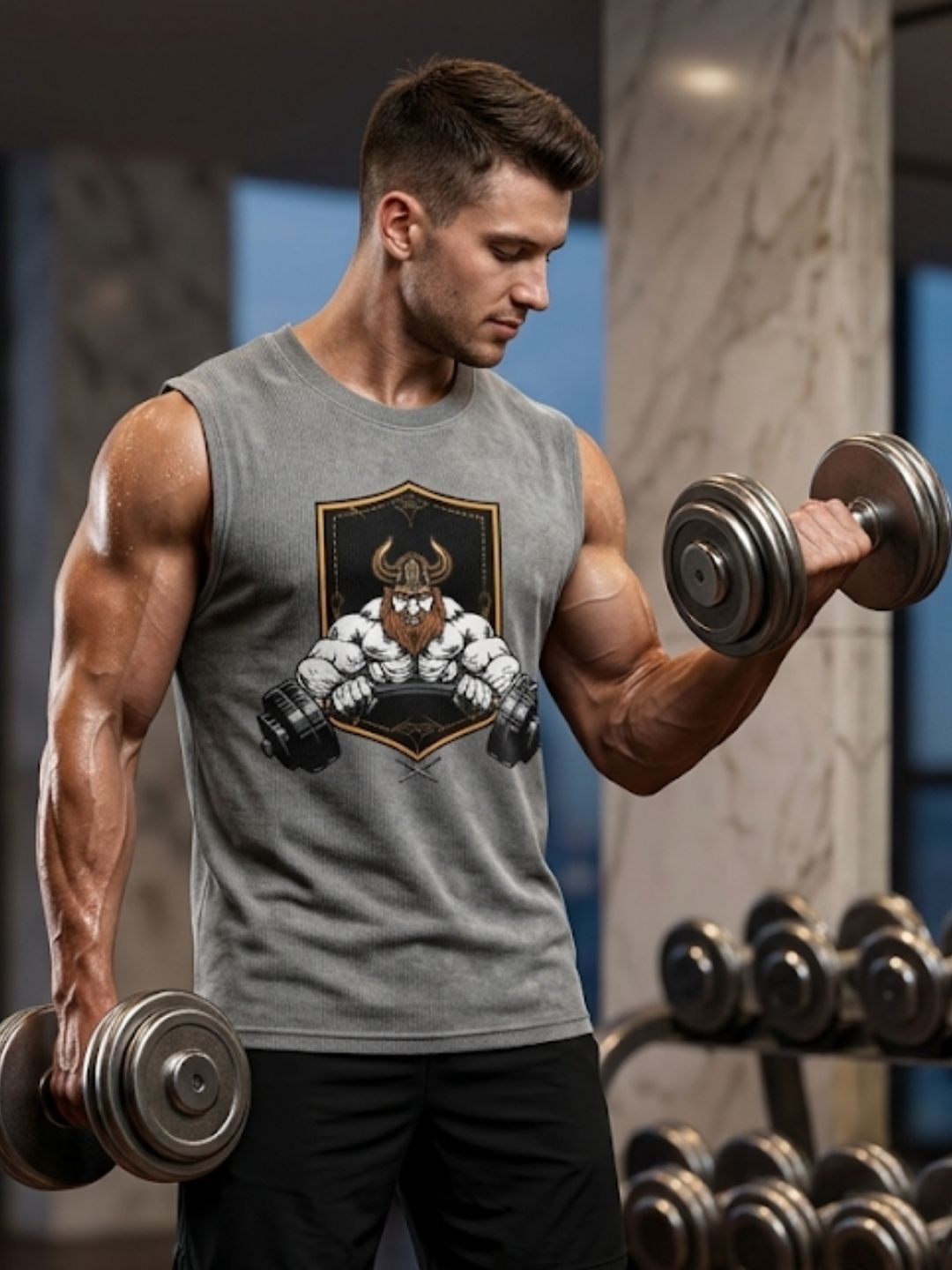 Viking Warrior Dumbbell Muscle Tank – Men’s Acid Wash Grey