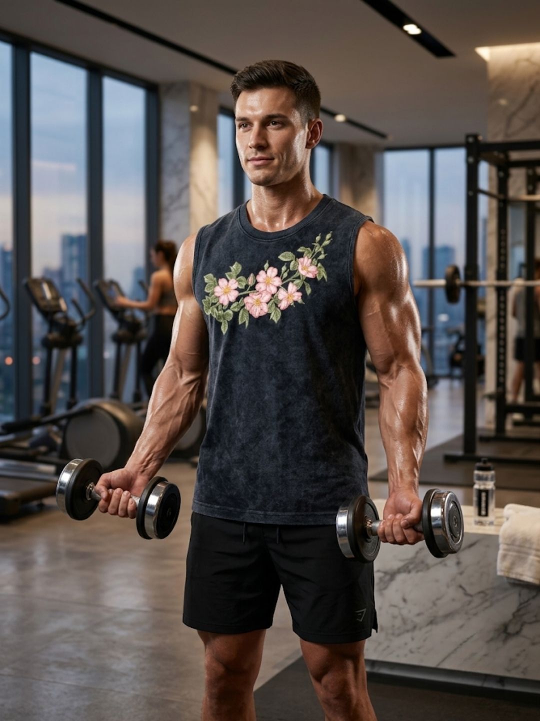 Cherry Blossom Garland Muscle Tank – Acid Wash Black