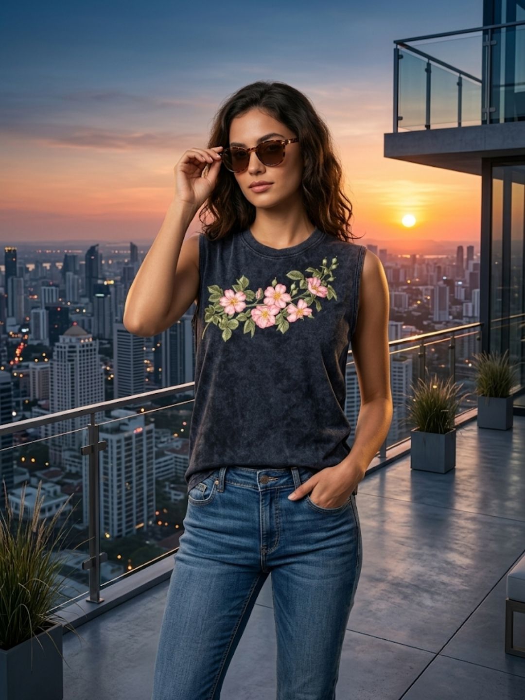Cherry Blossom Garland Muscle Tank – Women’s Acid Wash Black